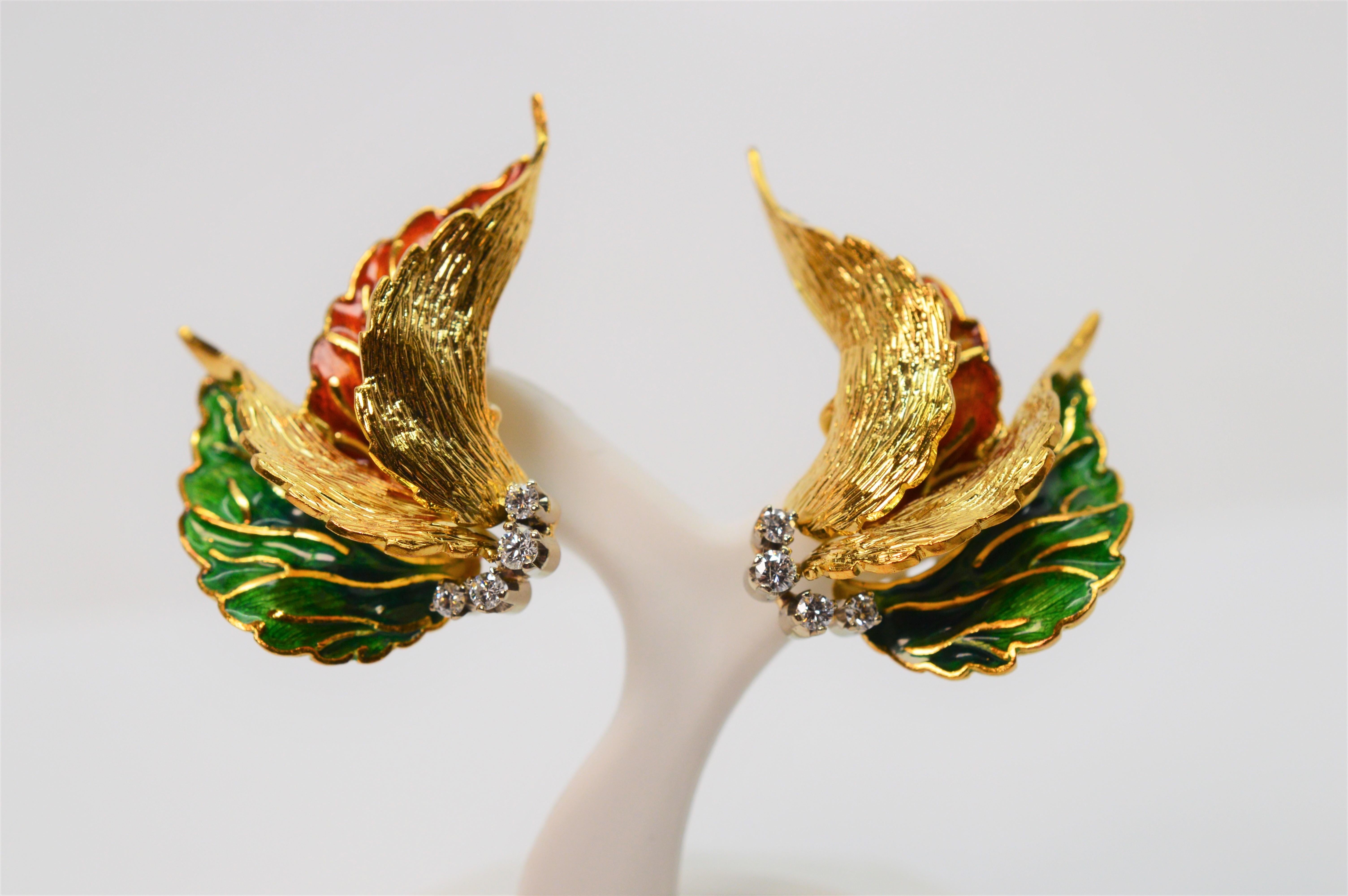 Italian Enamel Diamond 18K Yellow Gold Art Leaf Stud Earrings For Sale 2