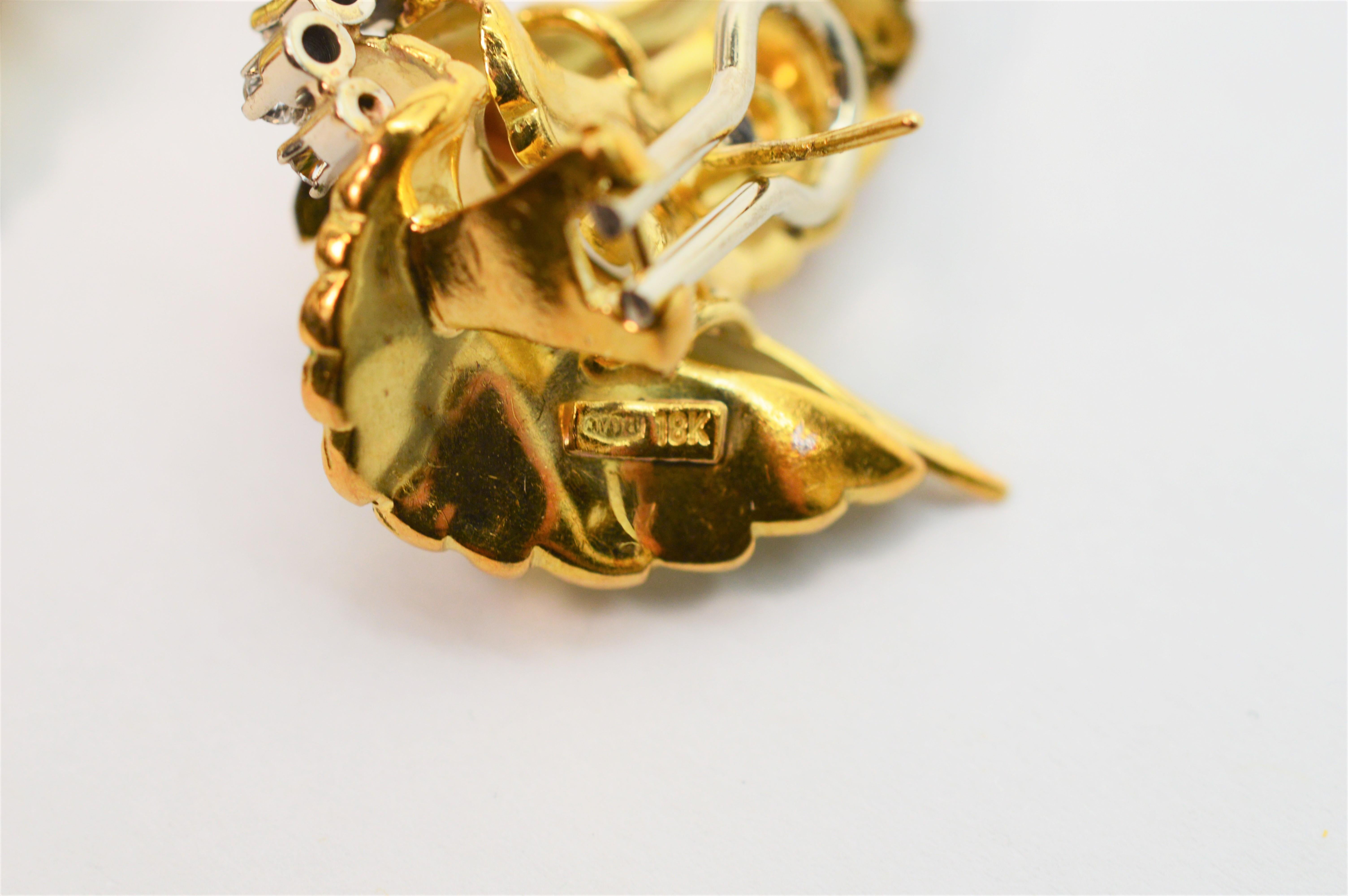 Italian Enamel Diamond 18K Yellow Gold Art Leaf Stud Earrings For Sale 3