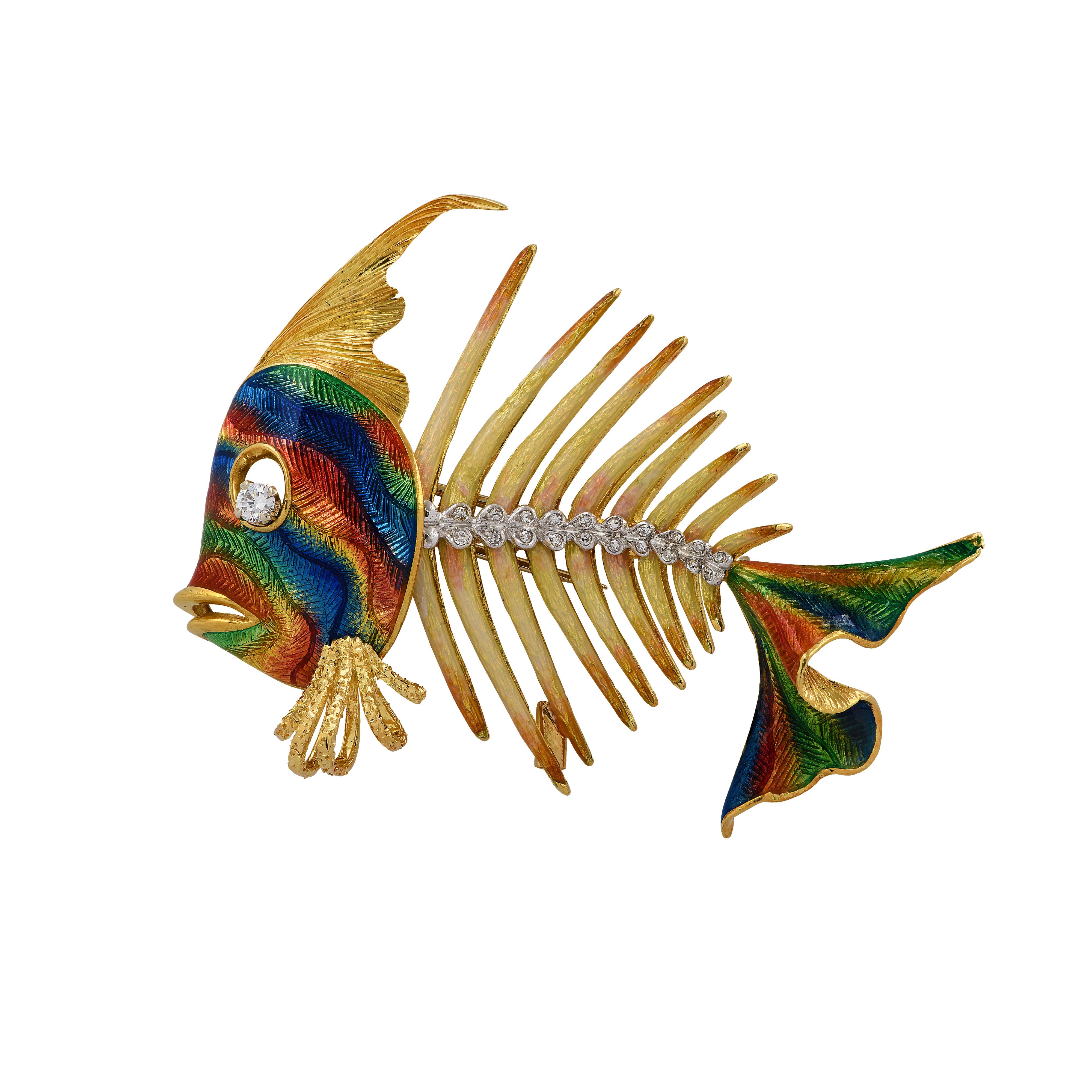 Sensational brooch pin crafted in Italy in 18 karat yellow and white gold and enamel featuring 21 round brilliant and single cut diamonds weighing .25 carats total, G color, VS clarity. This vibrant brooch pin depicts a fish adorned with bright