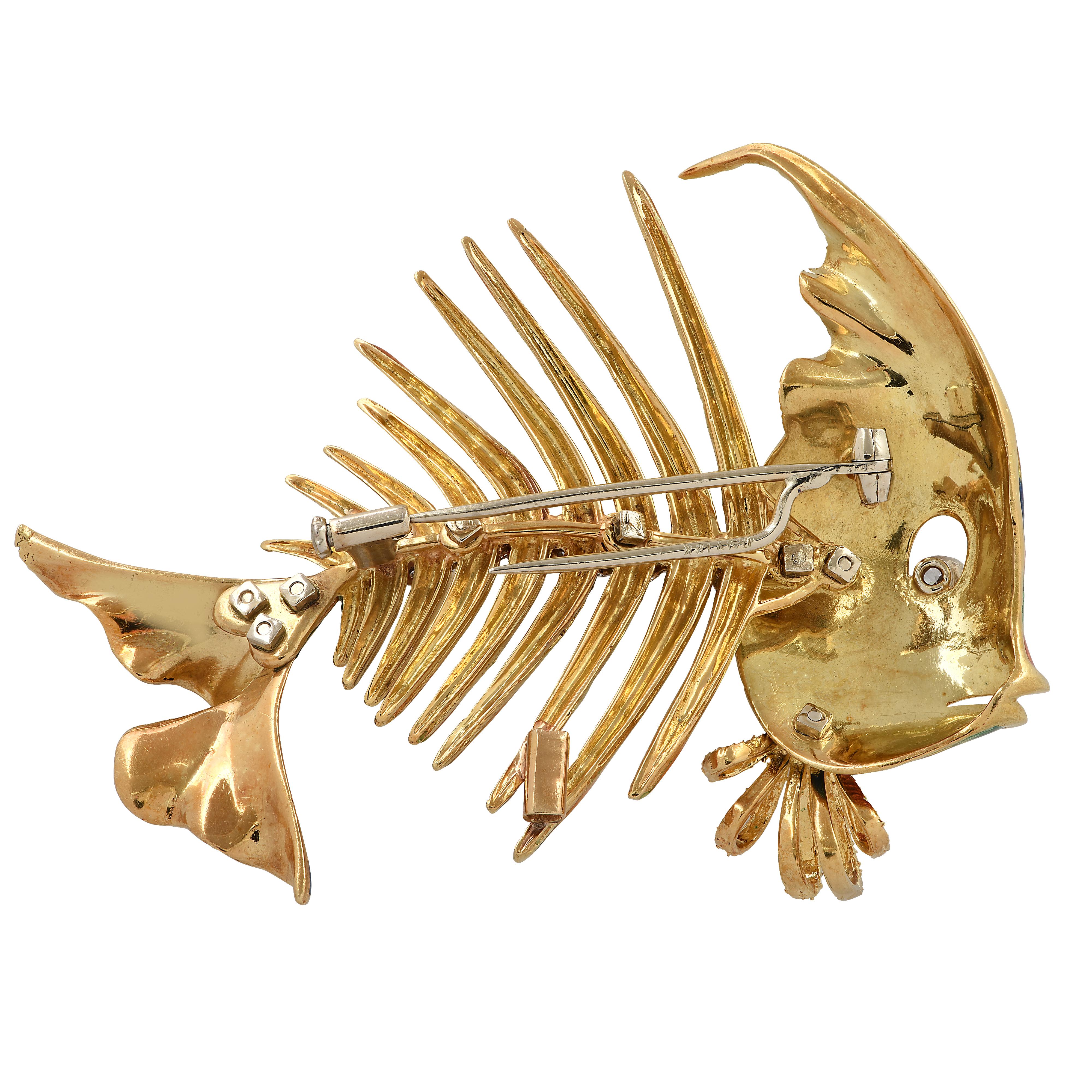 Modern Italian Enamel and Diamond Fish Brooch Pin