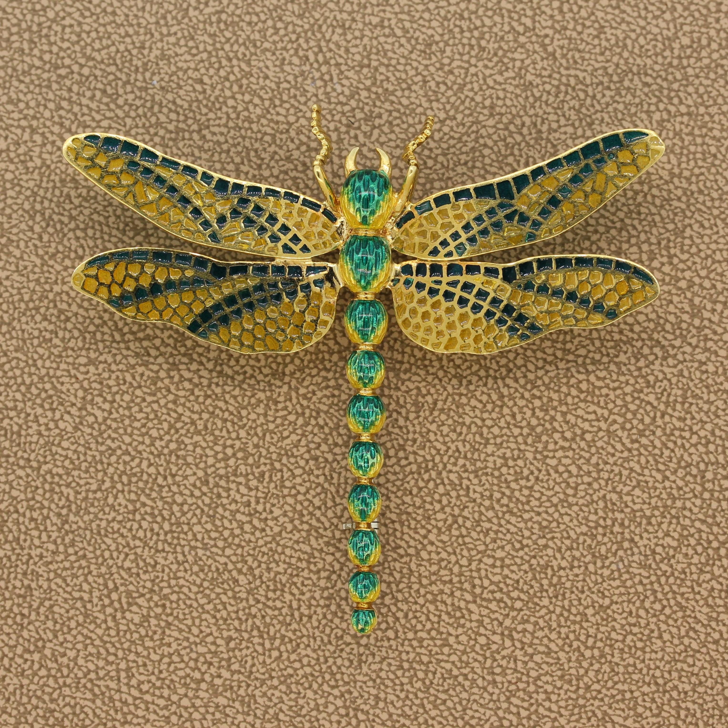 Jumbo Emerald Stone Dragon Fly Enamel Pin Brooch