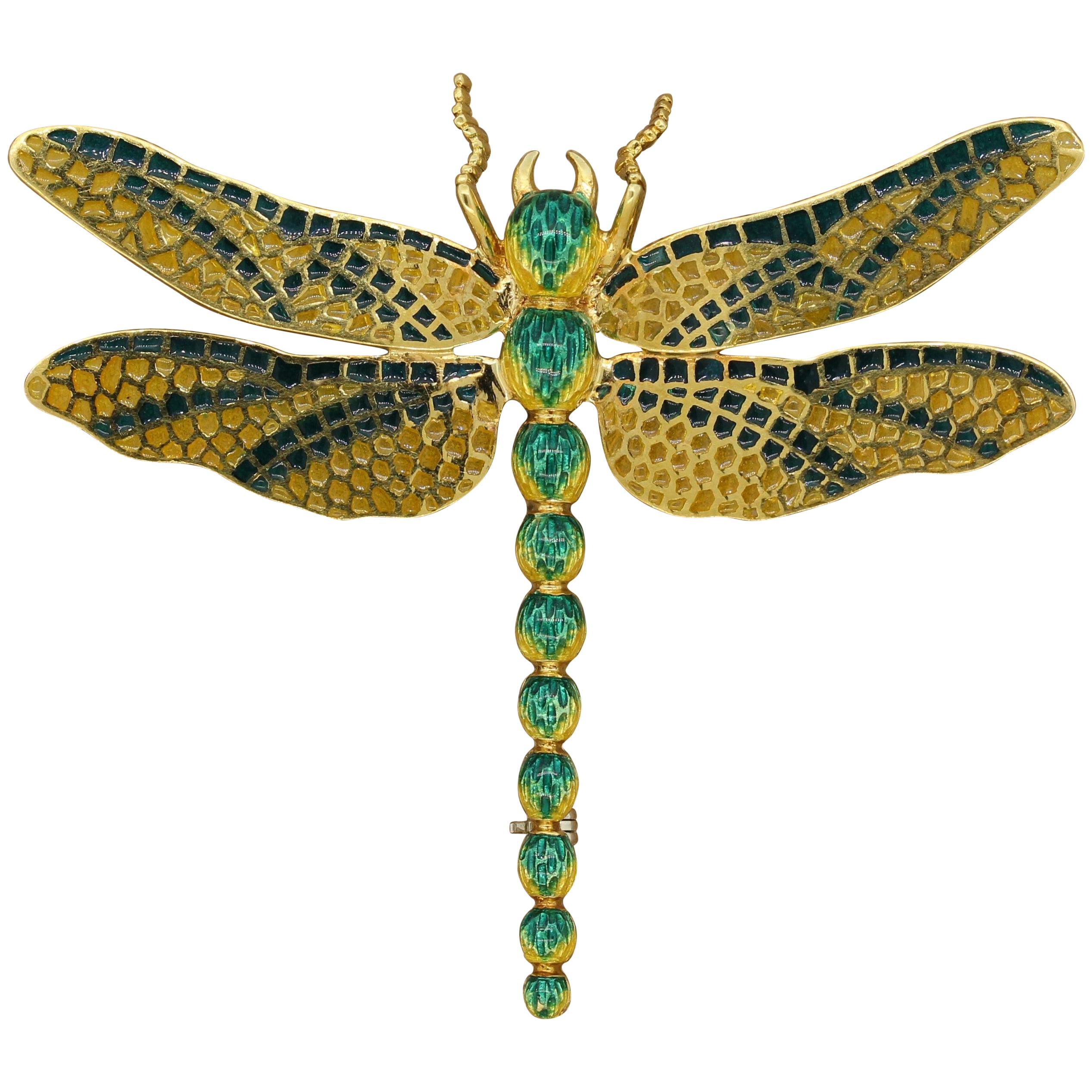 Italian Enamel Gold Dragonfly Brooch