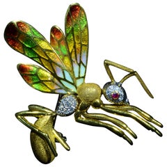 Italian Enamel Insect Brooch Pendant in 18 Karat Gold Set with Diamonds and Ruby
