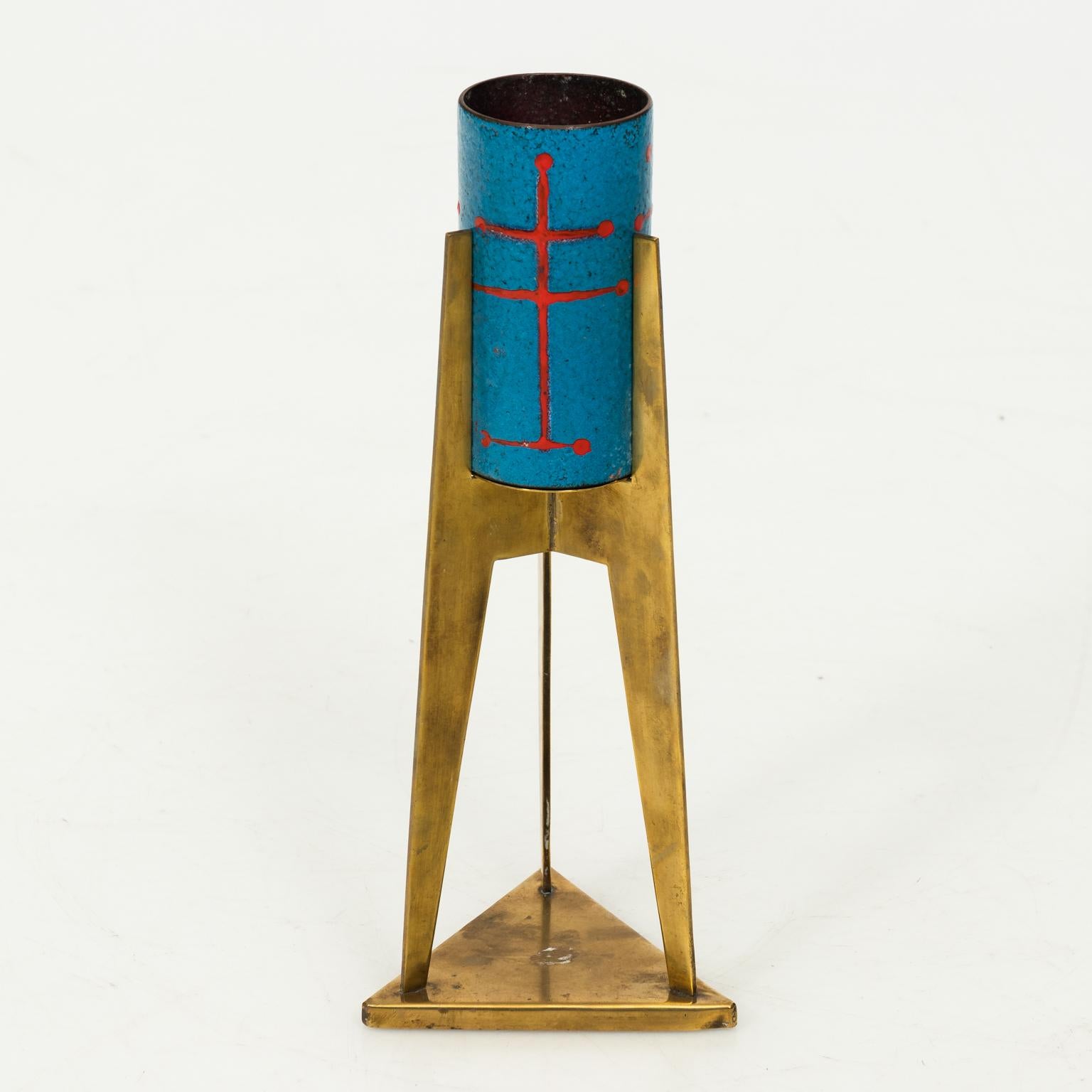 Set of four Italian modernist brass and enamel votive in a blue and red painted finish, circa 1970s.
 