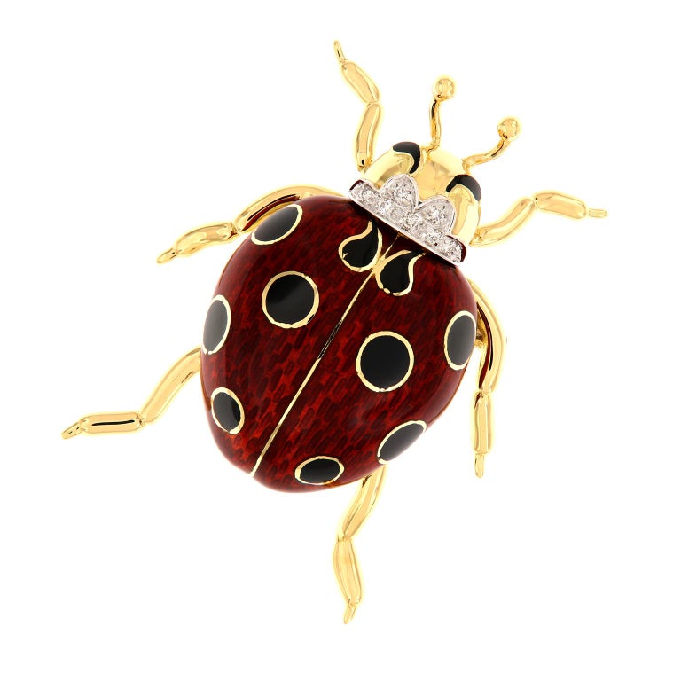 Italian Enameled Ladybug Diamond Gold Brooch For Sale at 1stdibs