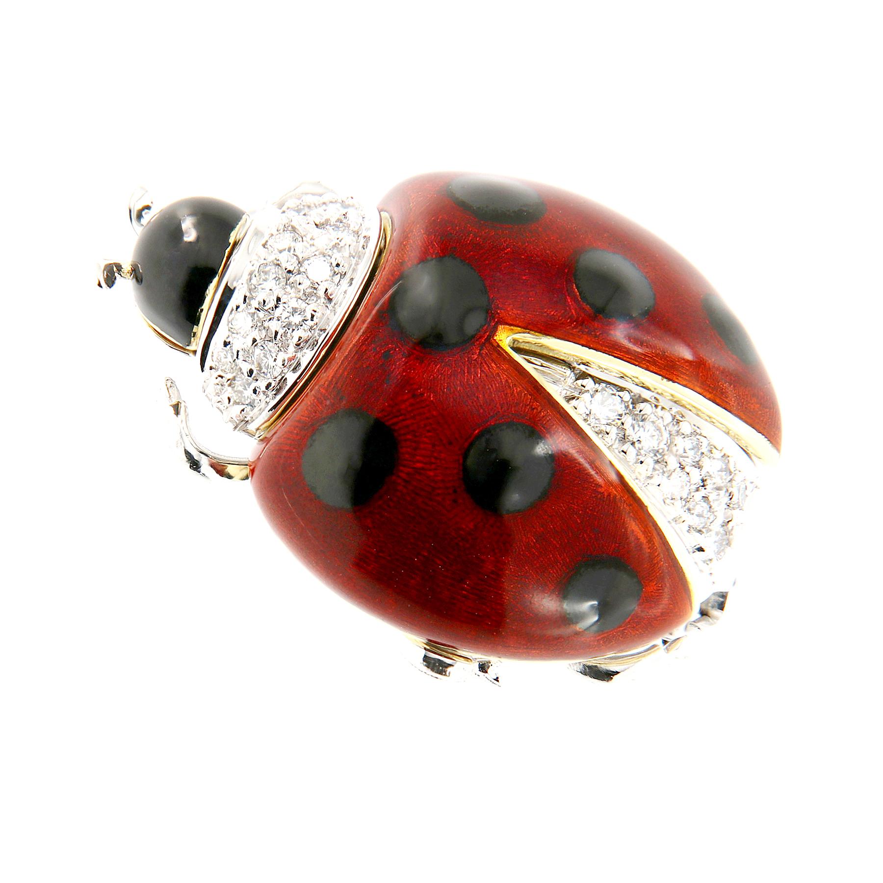 Italian Enameled Ladybug Diamond Gold Brooch In New Condition In Troy, MI