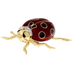 Italian Enameled Ladybug Diamond Gold Brooch