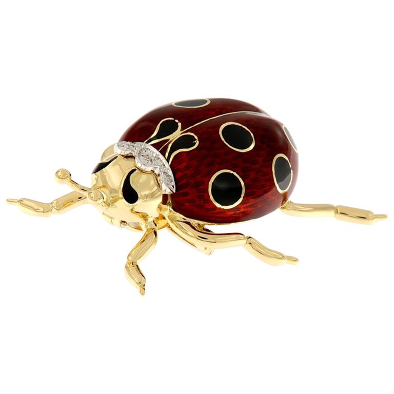 Italian Enameled Ladybug Diamond Gold Brooch For Sale at 1stdibs