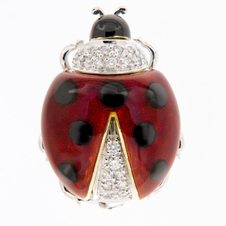 Italian Enameled Ladybug Diamond Gold Brooch For Sale at 1stDibs