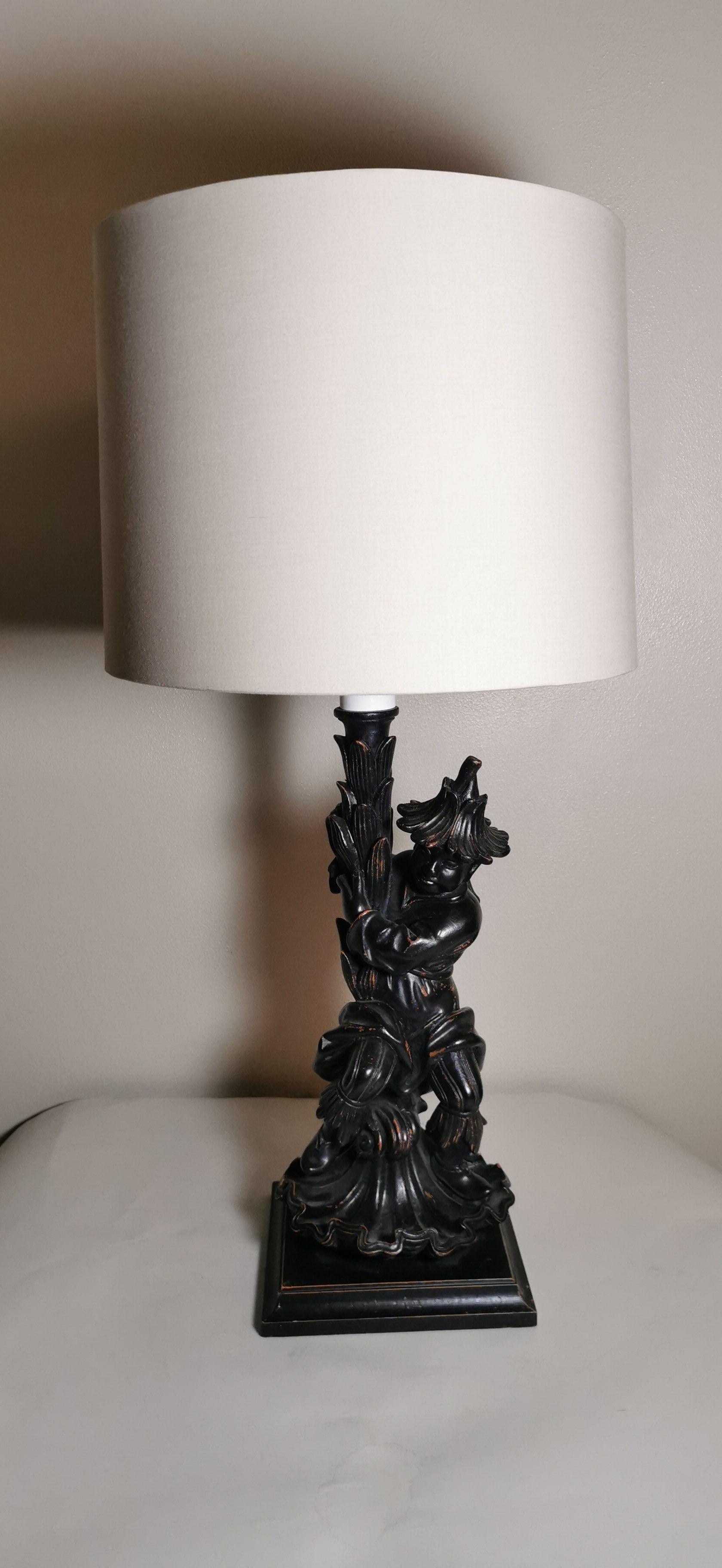 Italian COntemporary Engraved Wood Oriental Character Lamp 3