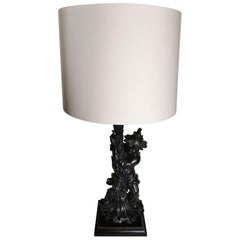 Italian COntemporary Engraved Wood Oriental Character Lamp