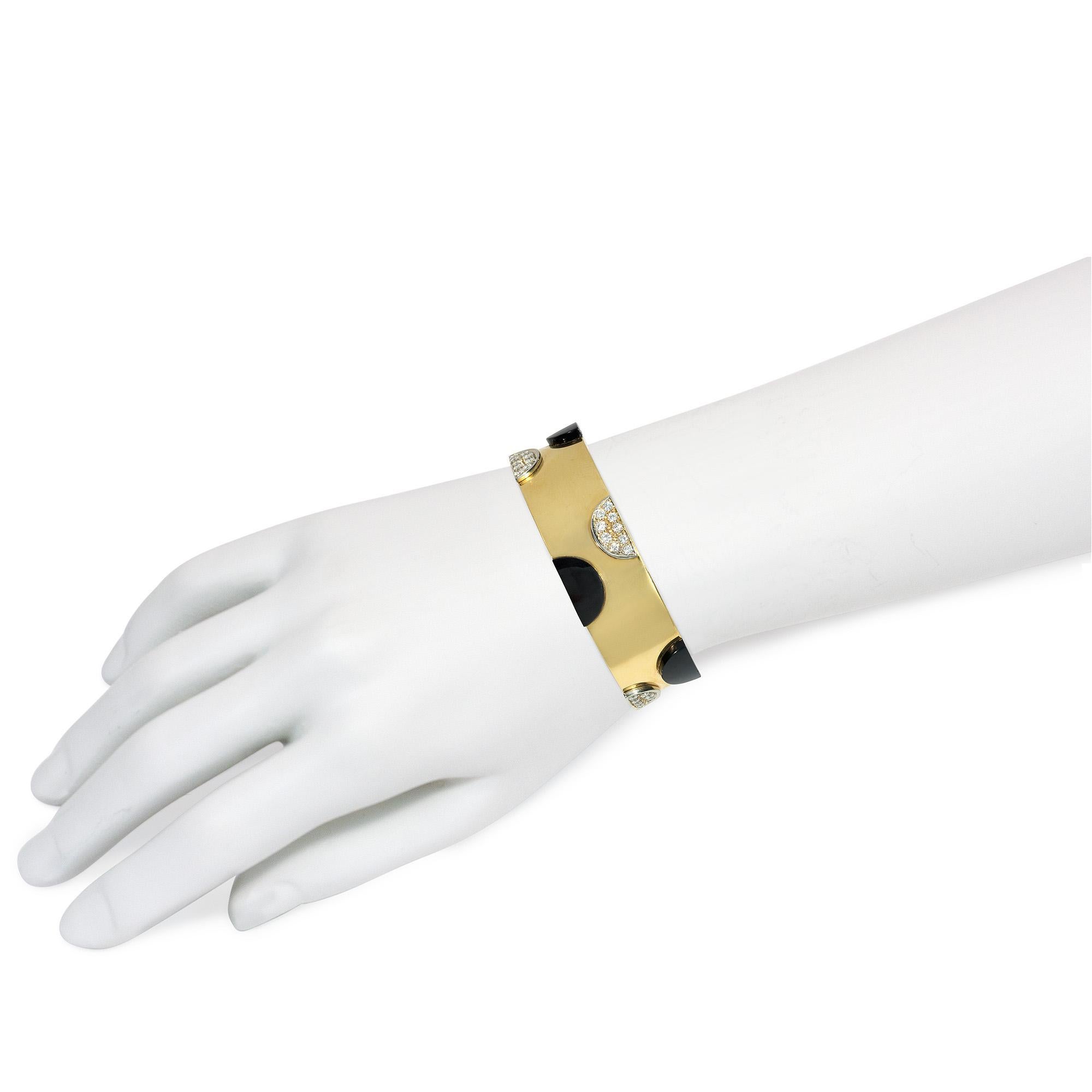 Half Moon Cut Italian Estate Gold Cuff Bracelet with Half-Moon Onyx and Diamond Plaques For Sale