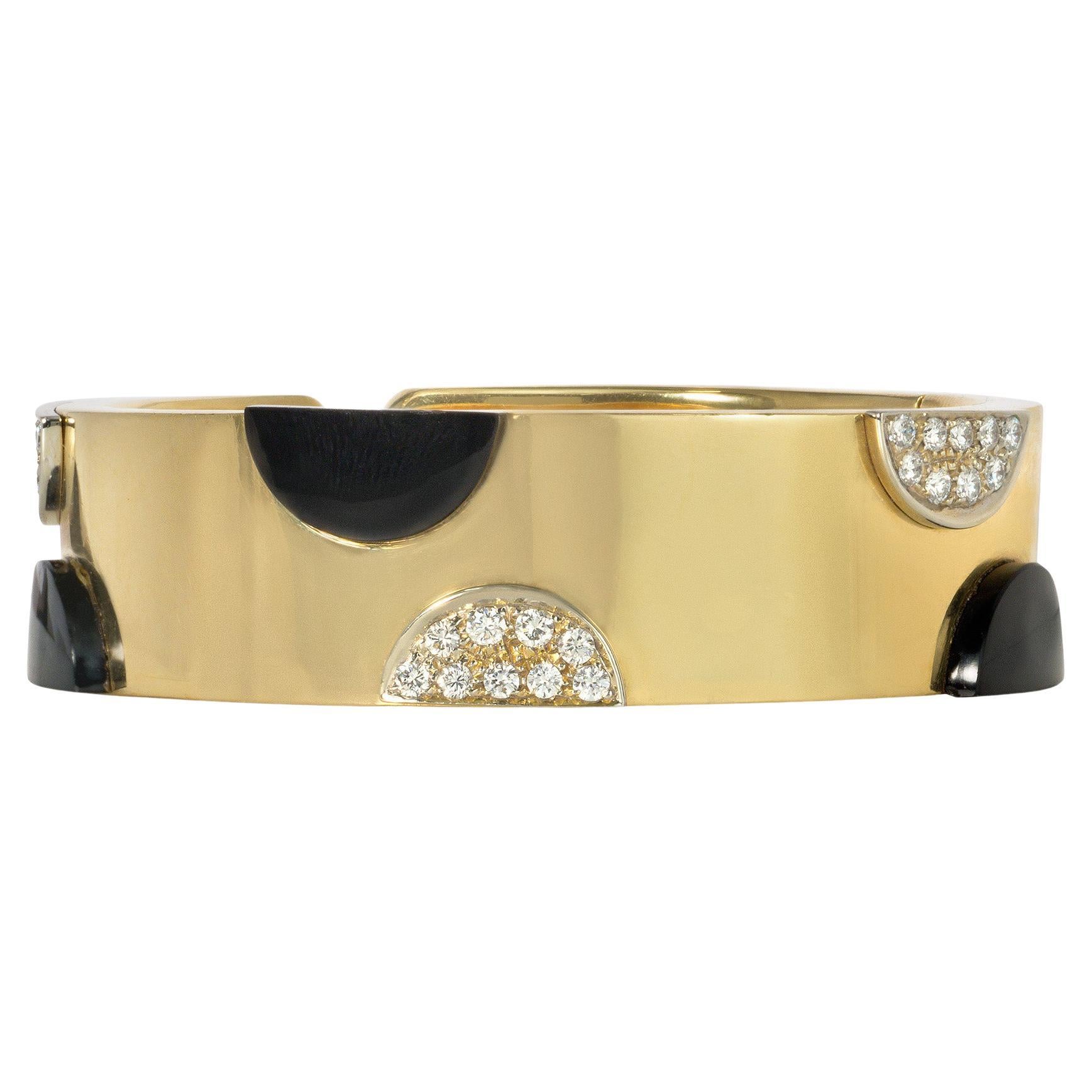 Italian Estate Gold Cuff Bracelet with Half-Moon Onyx and Diamond Plaques For Sale