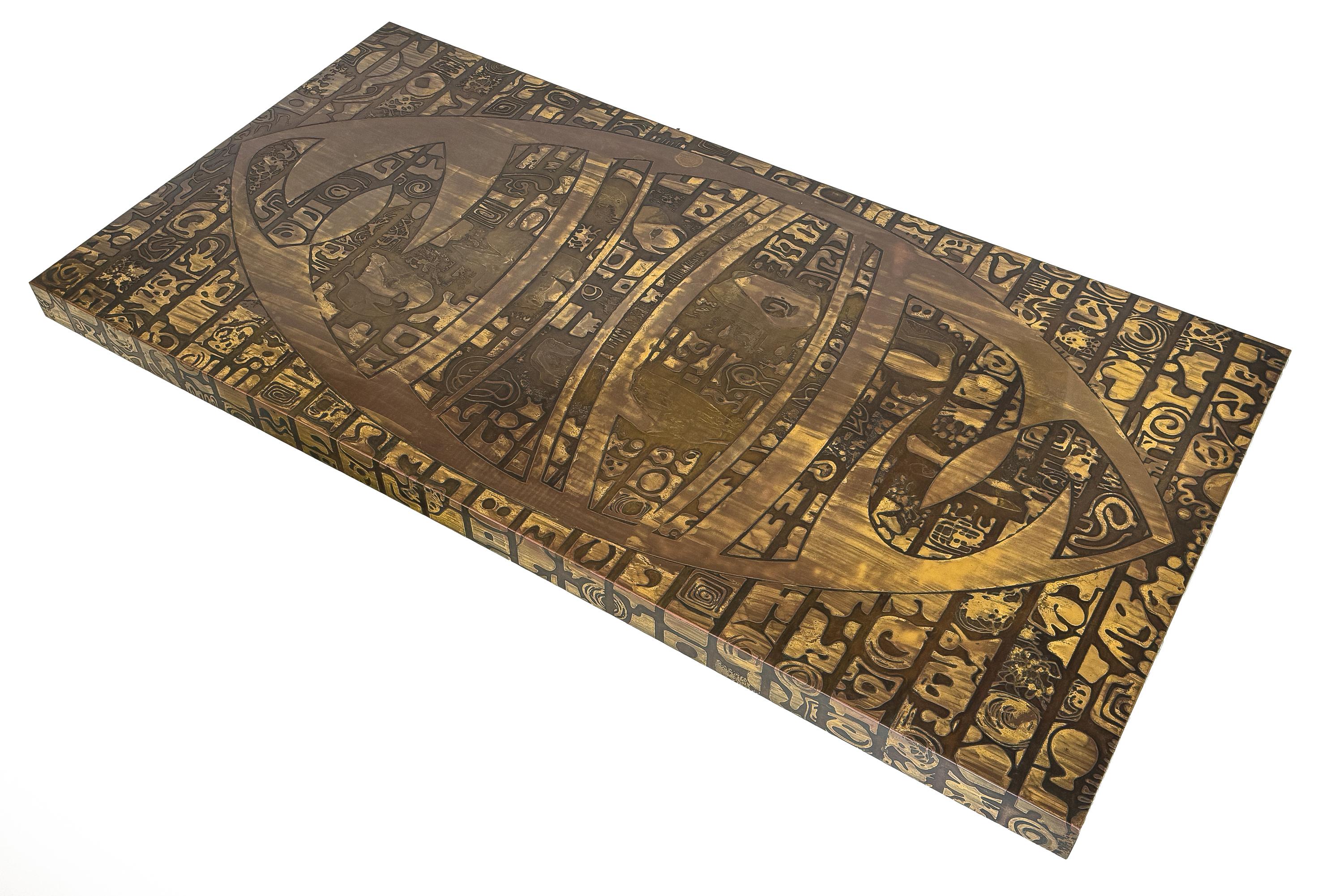 Mid-20th Century Italian Etched Bronze Coffee Table with Abstract Motif For Sale