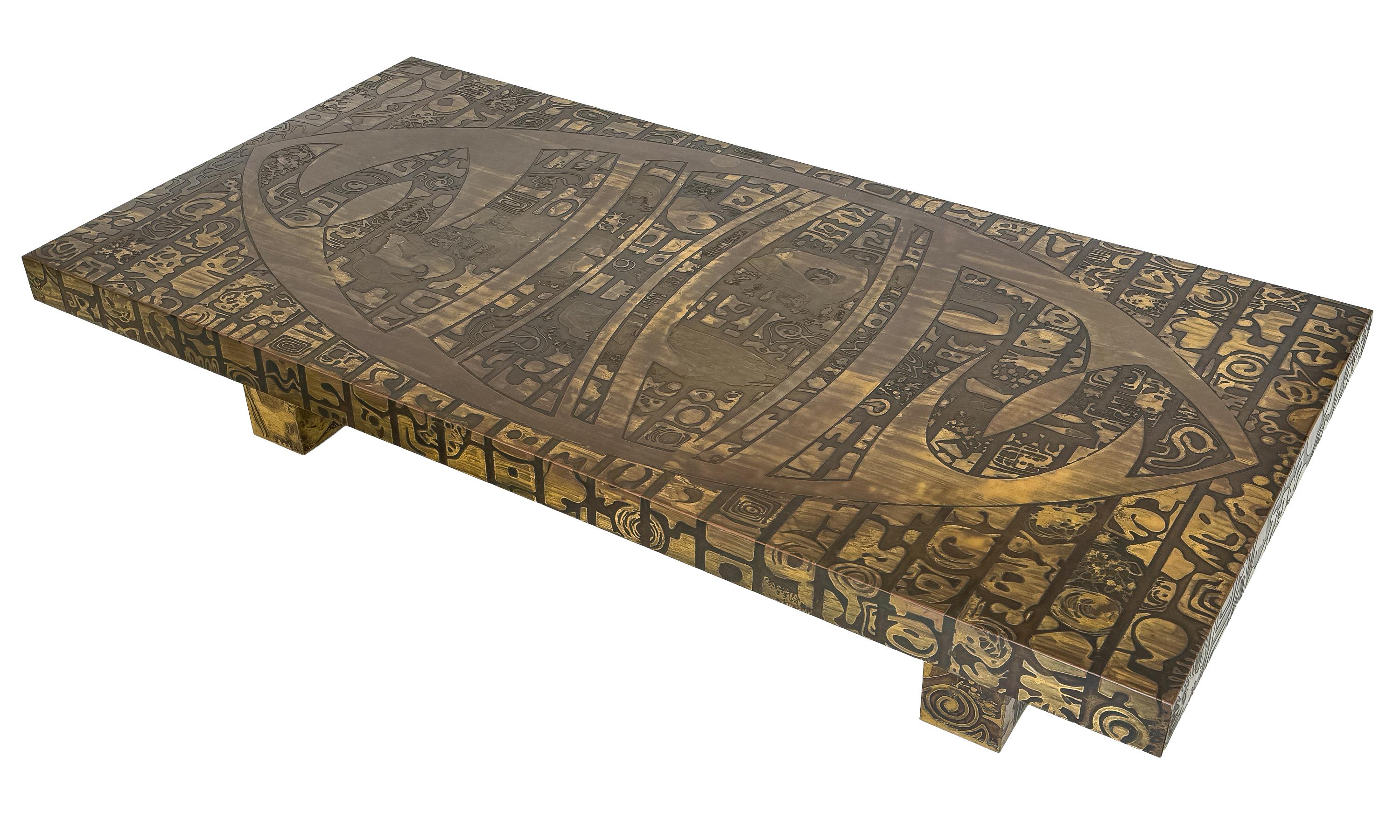 Italian Etched Bronze Coffee Table with Abstract Motif For Sale 1