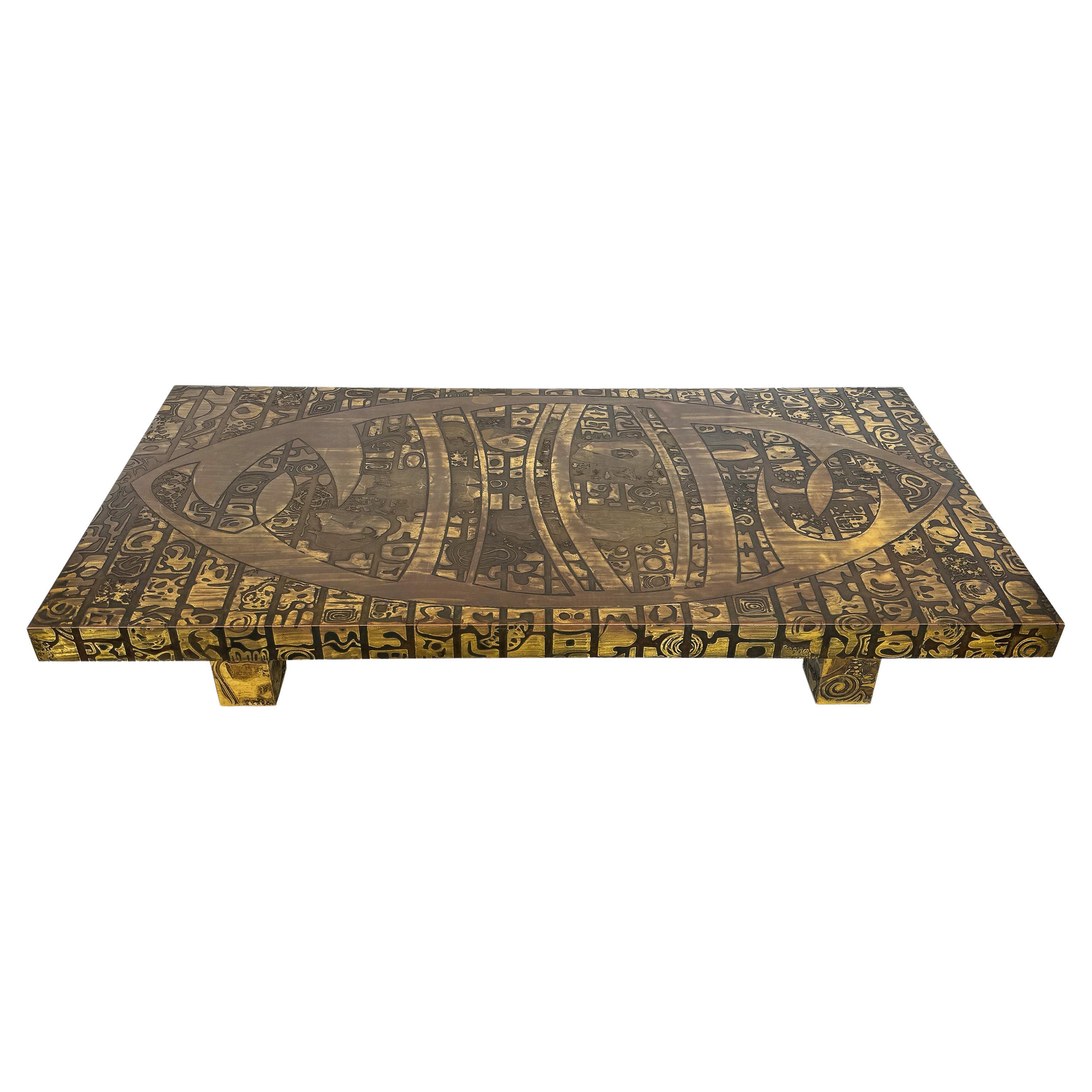 Italian Etched Bronze Coffee Table with Abstract Motif For Sale