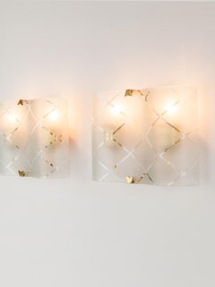 Italian Etched Glass & Brass Rectangular Wall Lights, 1950s 