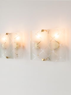 Italian Etched Glass & Brass Rectangular Wall Lights, 1950s