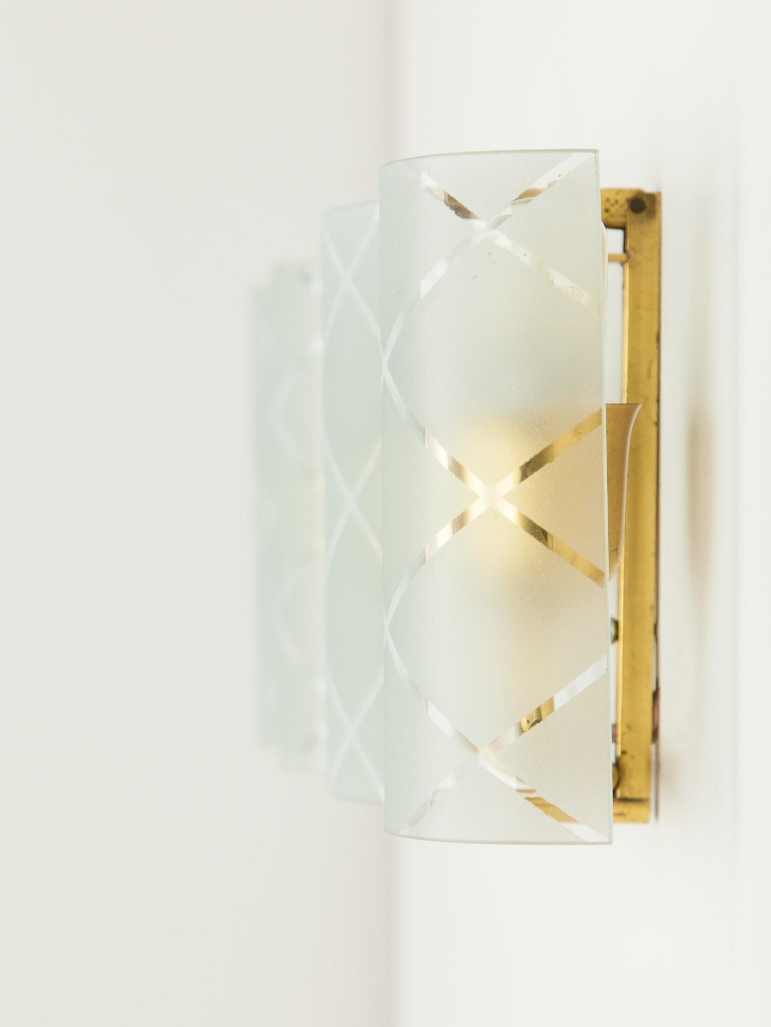 20th Century Italian Etched Glass & Brass Rectangular Wall Lights, 1950s  For Sale