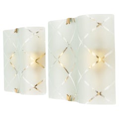 Vintage Italian Etched Glass & Brass Rectangular Wall Lights, 1950s 