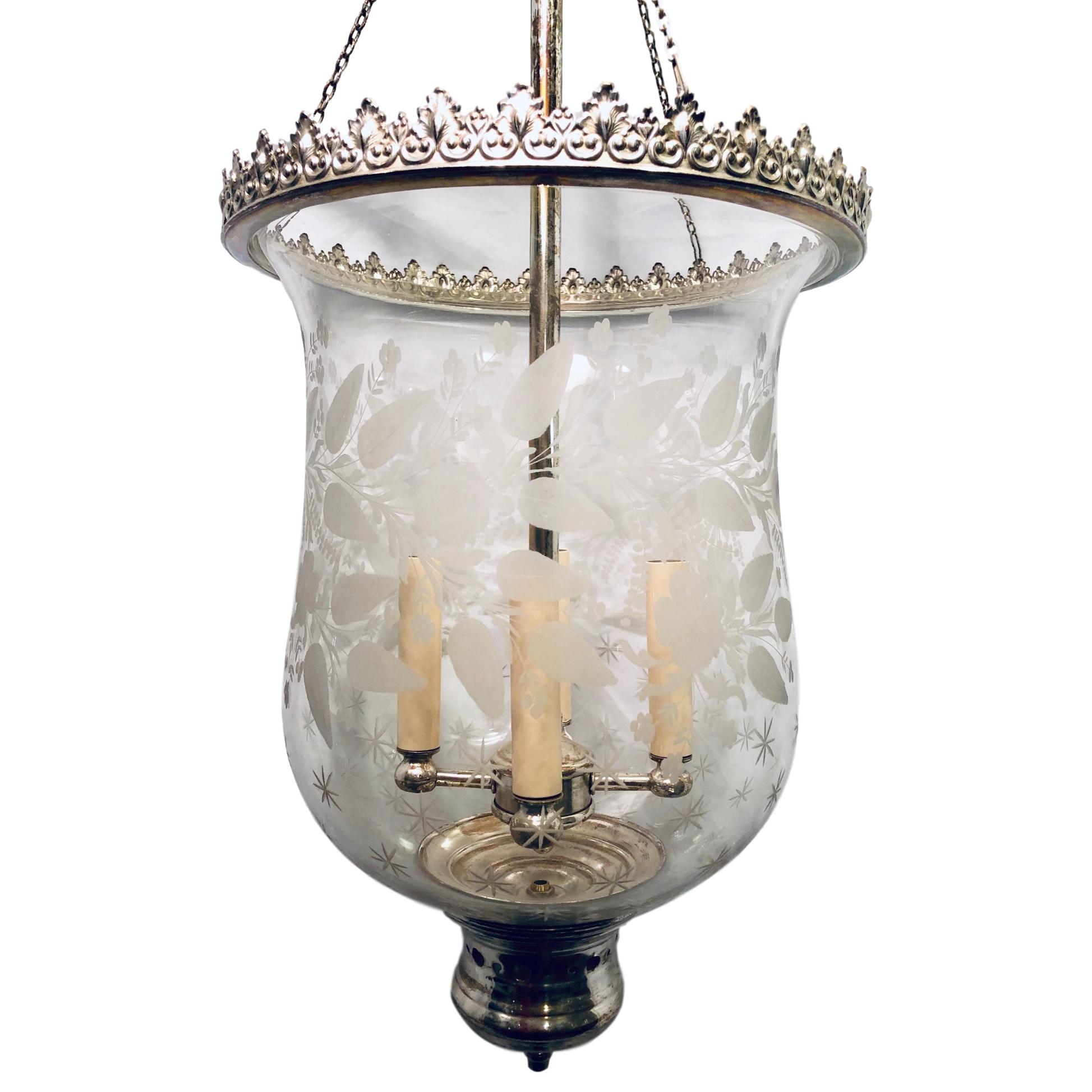 Neoclassical Italian Etched Glass Silver Plated Lantern For Sale