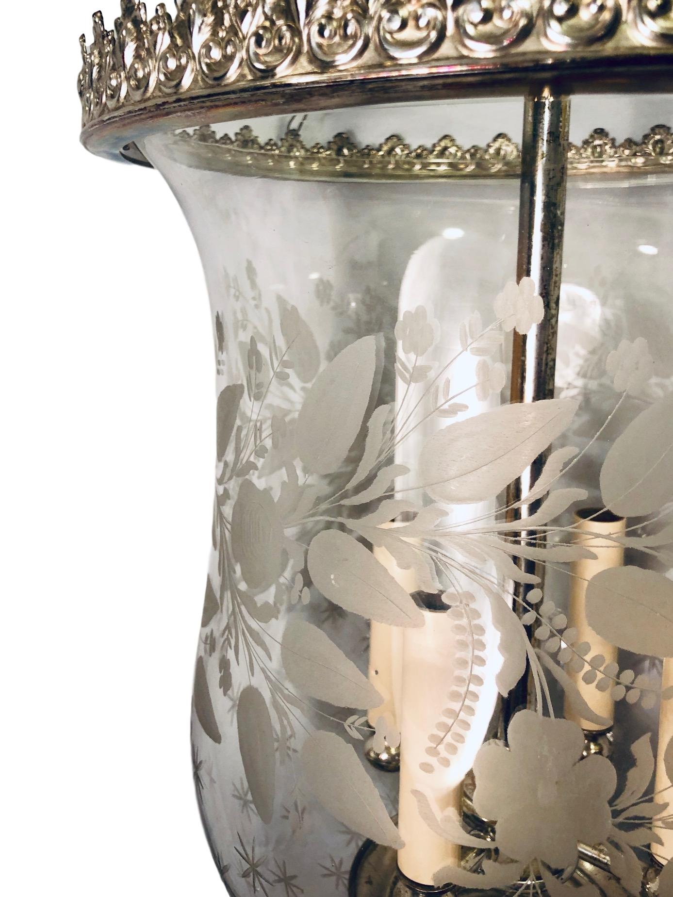 Italian Etched Glass Silver Plated Lantern In Good Condition For Sale In New York, NY