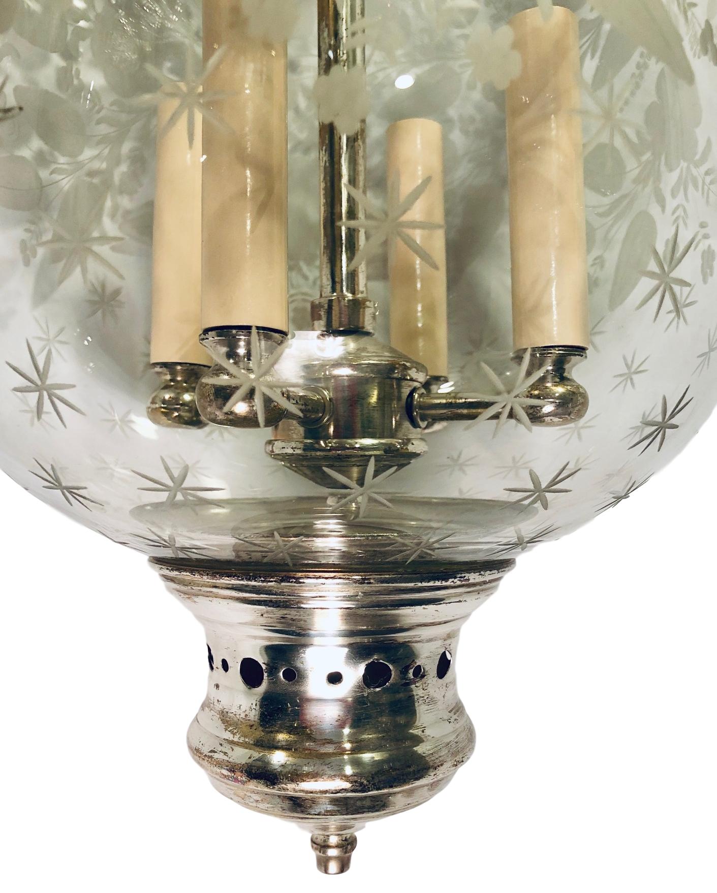Italian Etched Glass Silver Plated Lantern For Sale 1