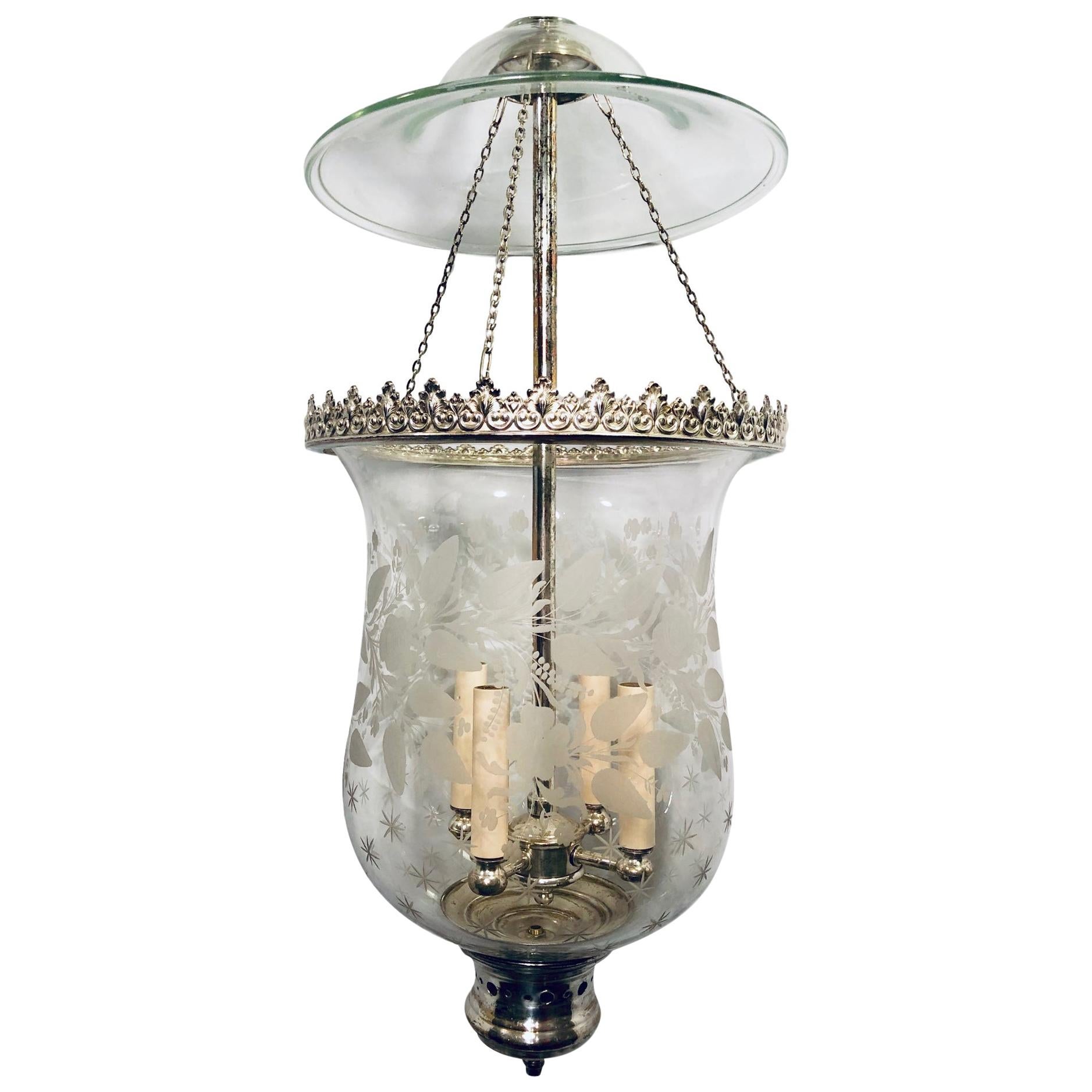Italian Etched Glass Silver Plated Lantern For Sale