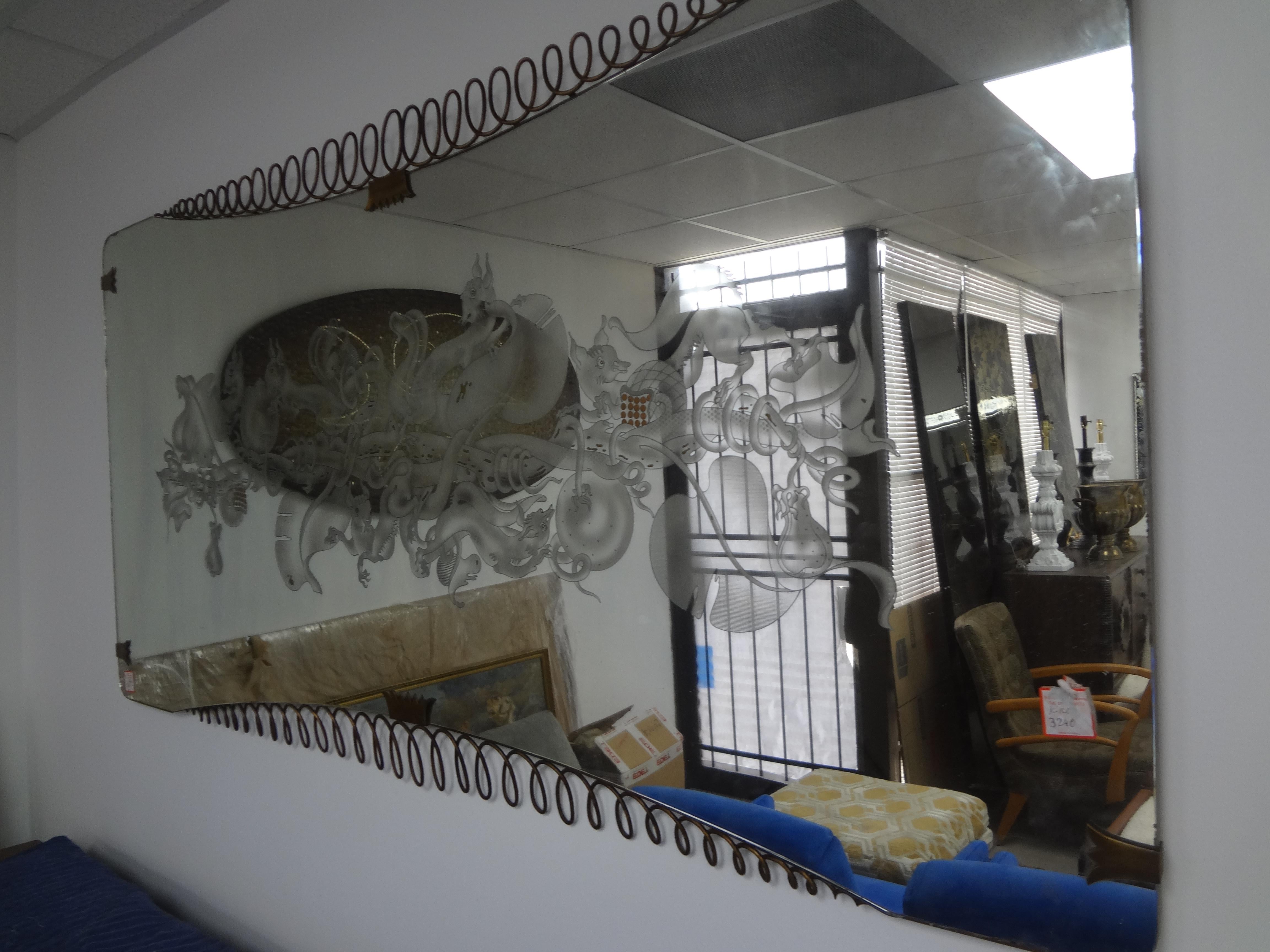 Italian Etched Mirror With Brass Accents Att. To Max Ingrand For Fontana Arte For Sale 5
