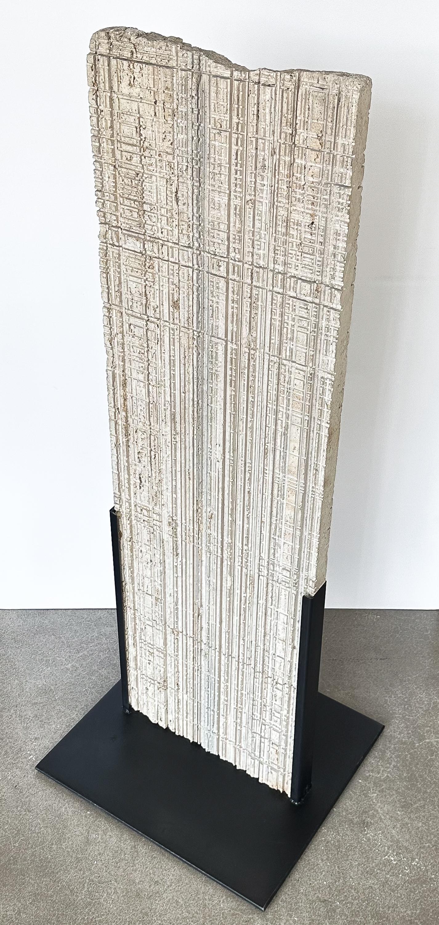 Italian Etched Travertine and Steel Floor Sculpture For Sale 8