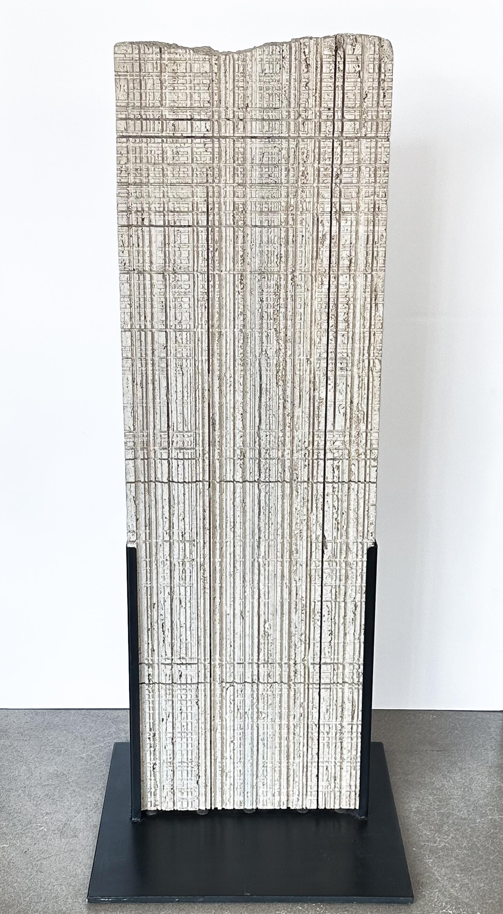 Mid-Century Modern Italian Etched Travertine and Steel Floor Sculpture For Sale