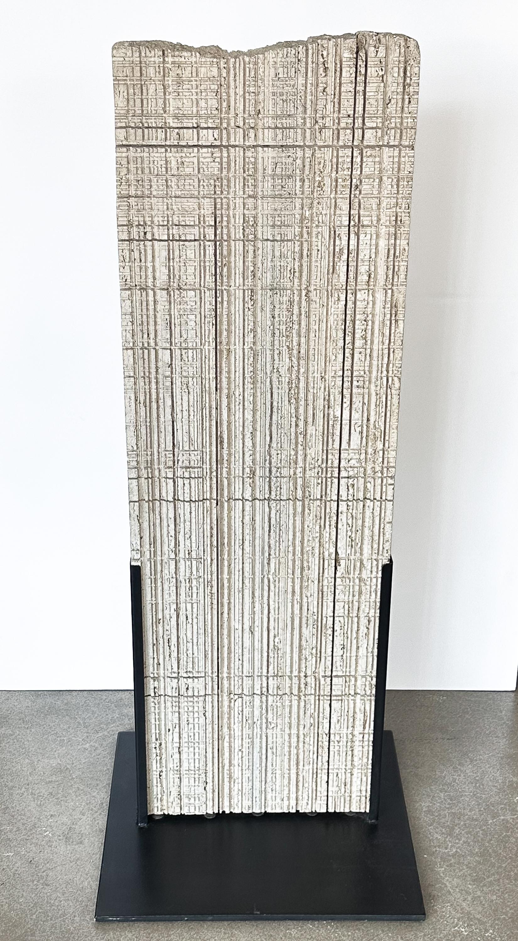 Italian Etched Travertine and Steel Floor Sculpture In Good Condition For Sale In Chicago, IL