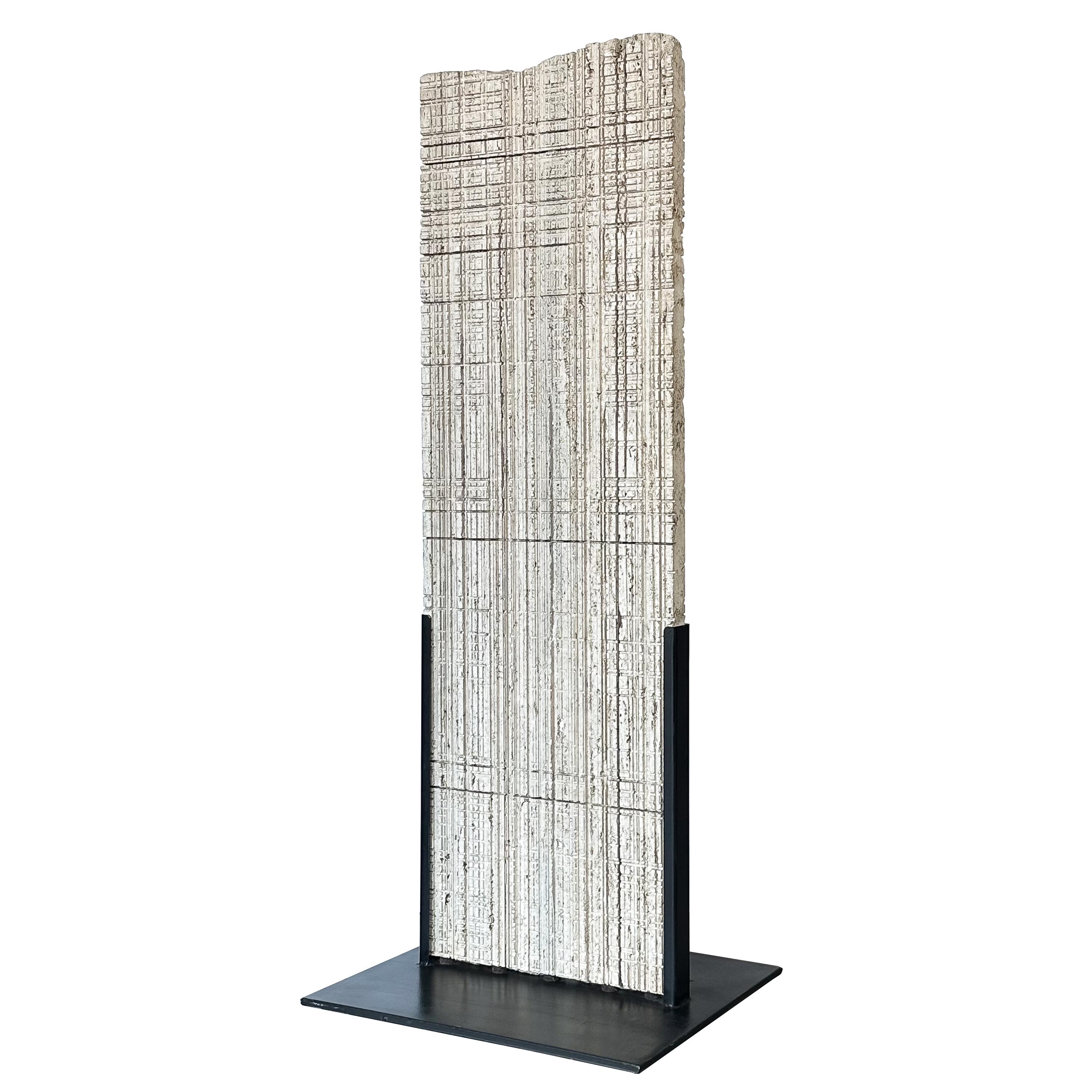Italian Etched Travertine and Steel Floor Sculpture For Sale