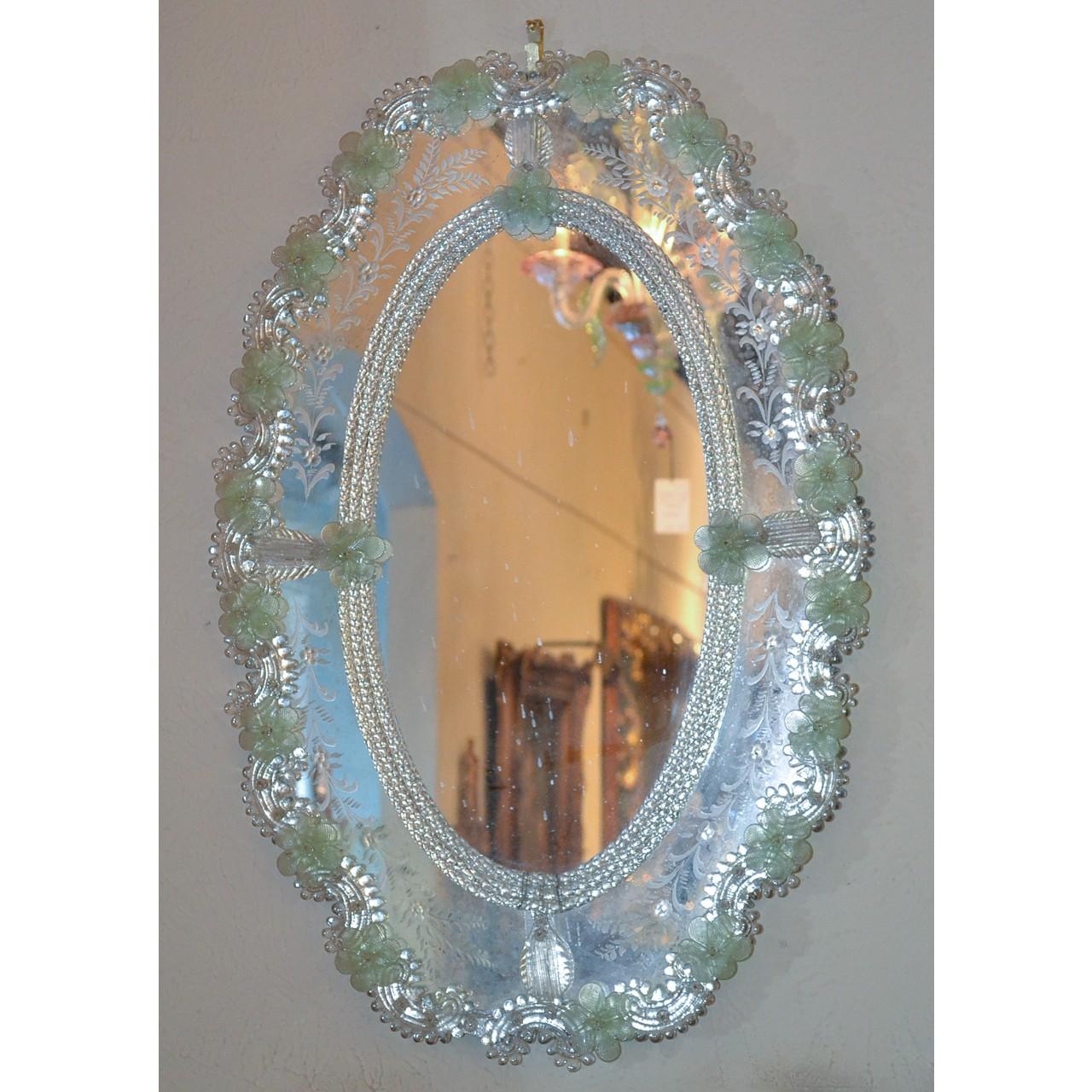 Early 20th Century Italian Etched Venetian Glass Oval Mirror, circa 1900