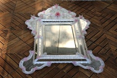 Italian Etched Venetian Mirror With Pink Murano Glass Flowers