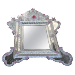 Italian Etched Venetian Mirror With Pink Murano Glass Flowers