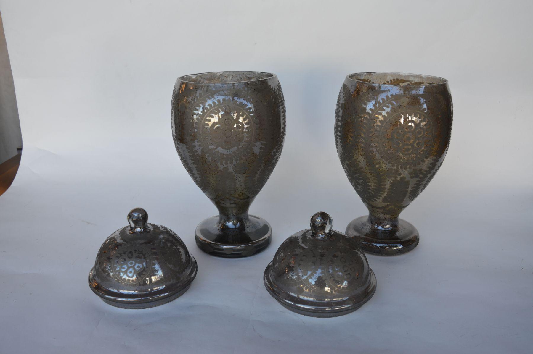Italian Etching Mercury Glass Vase Set For Sale 3
