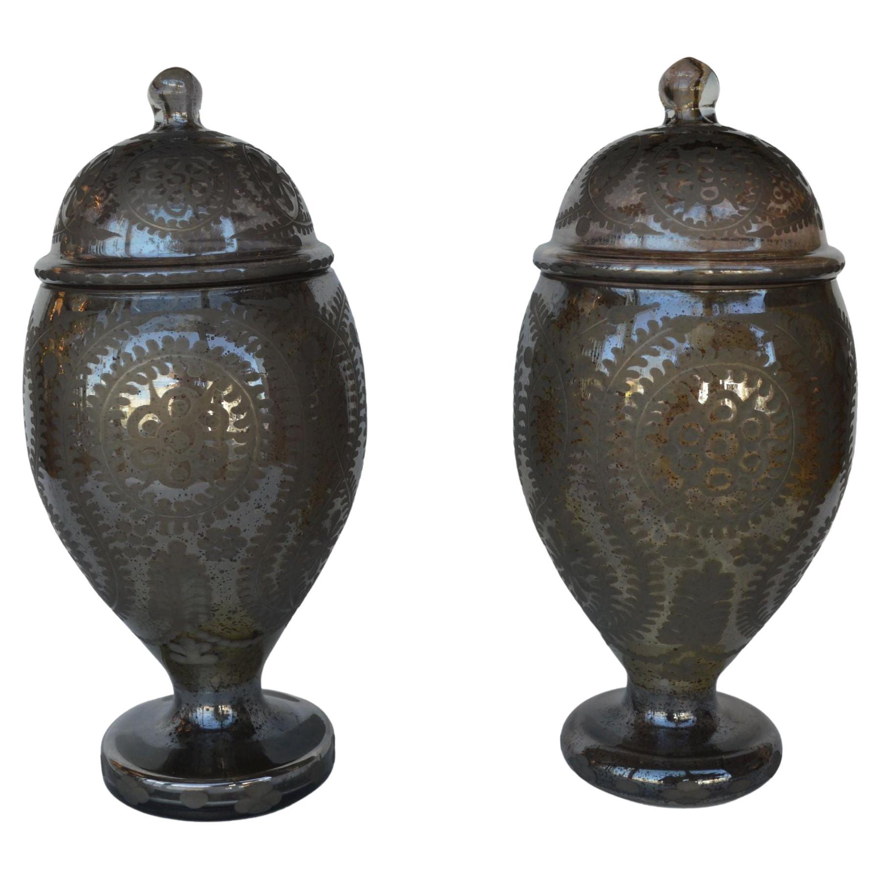 Italian Etching Mercury Glass Vase Set For Sale