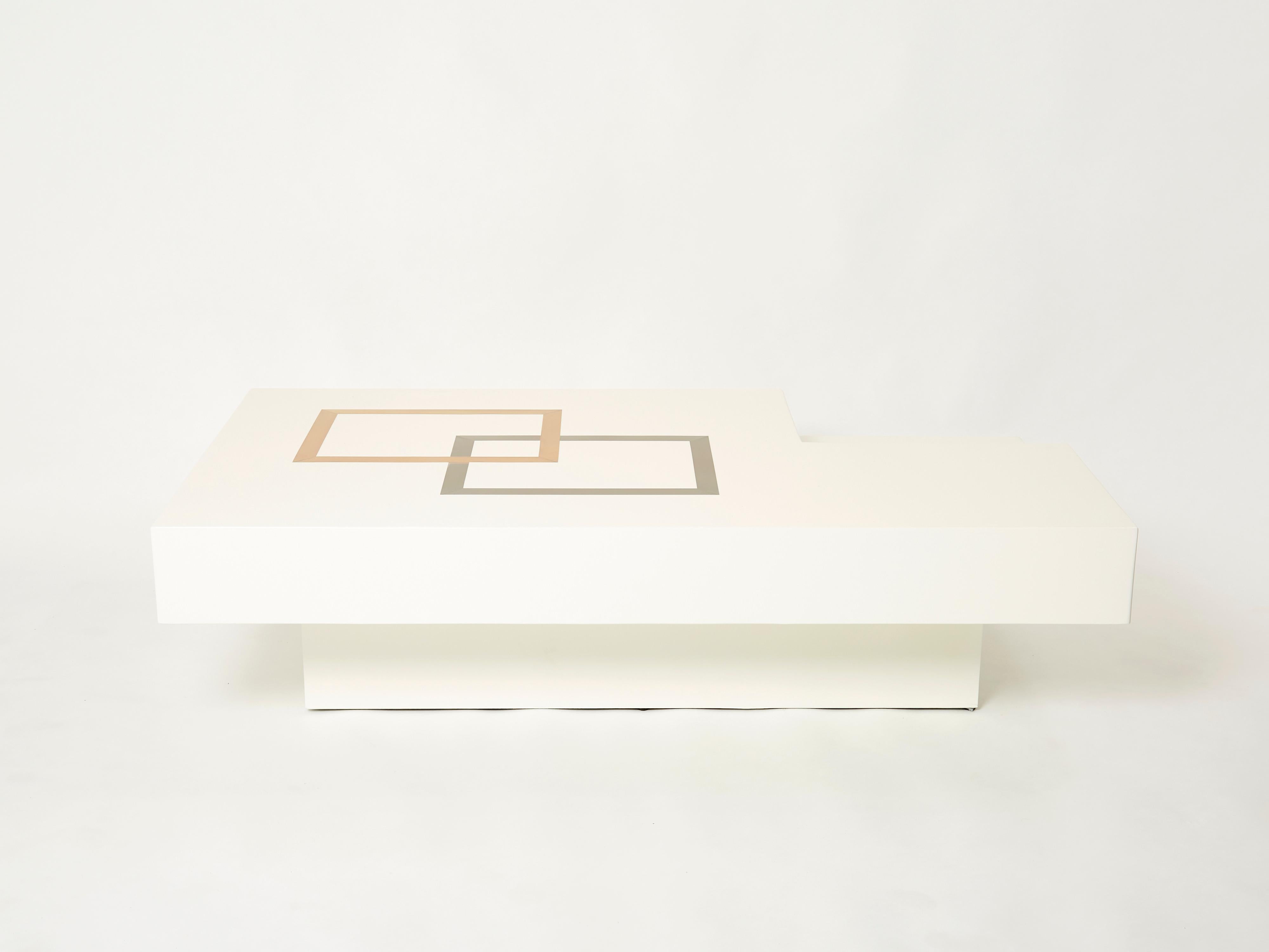 Italian Extra Large Antonio Pavia White Lacquer Brass Steel Coffee Table, 1970s For Sale 3