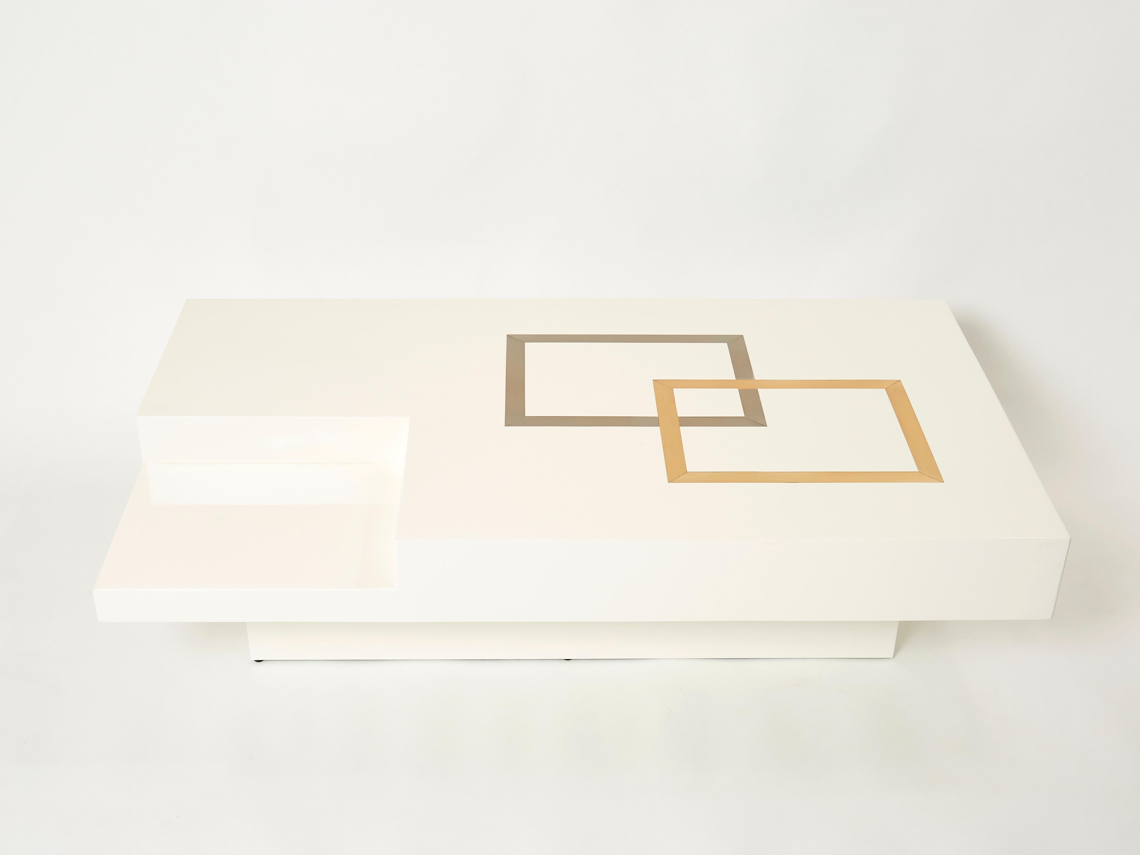 Italian Extra Large Antonio Pavia White Lacquer Brass Steel Coffee Table, 1970s For Sale 1
