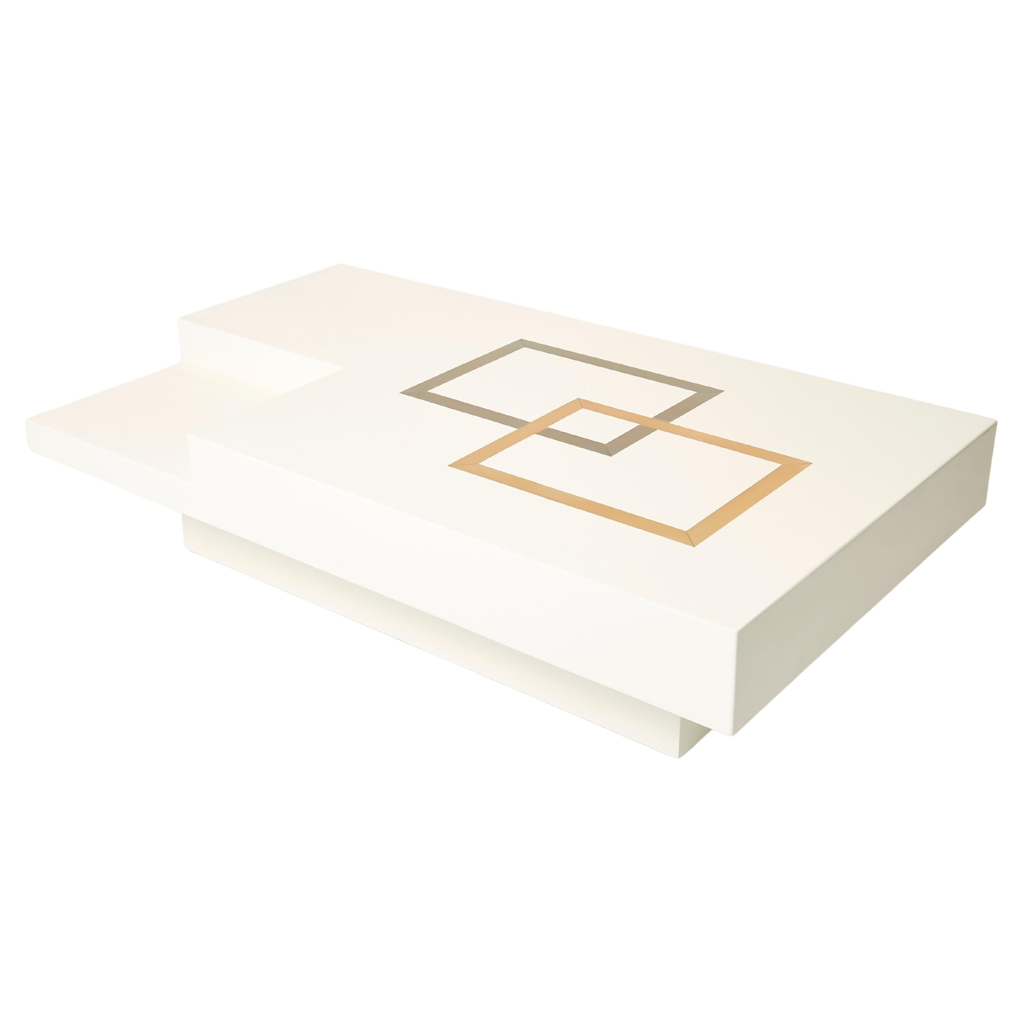 Italian Extra Large Antonio Pavia White Lacquer Brass Steel Coffee Table, 1970s