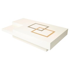 Italian Extra Large Antonio Pavia White Lacquer Brass Steel Coffee Table, 1970s