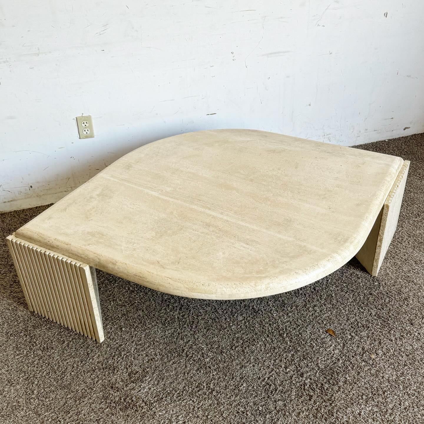 Italian Eye Shaped Sculpted Travertine Coffee Table In Good Condition In Delray Beach, FL