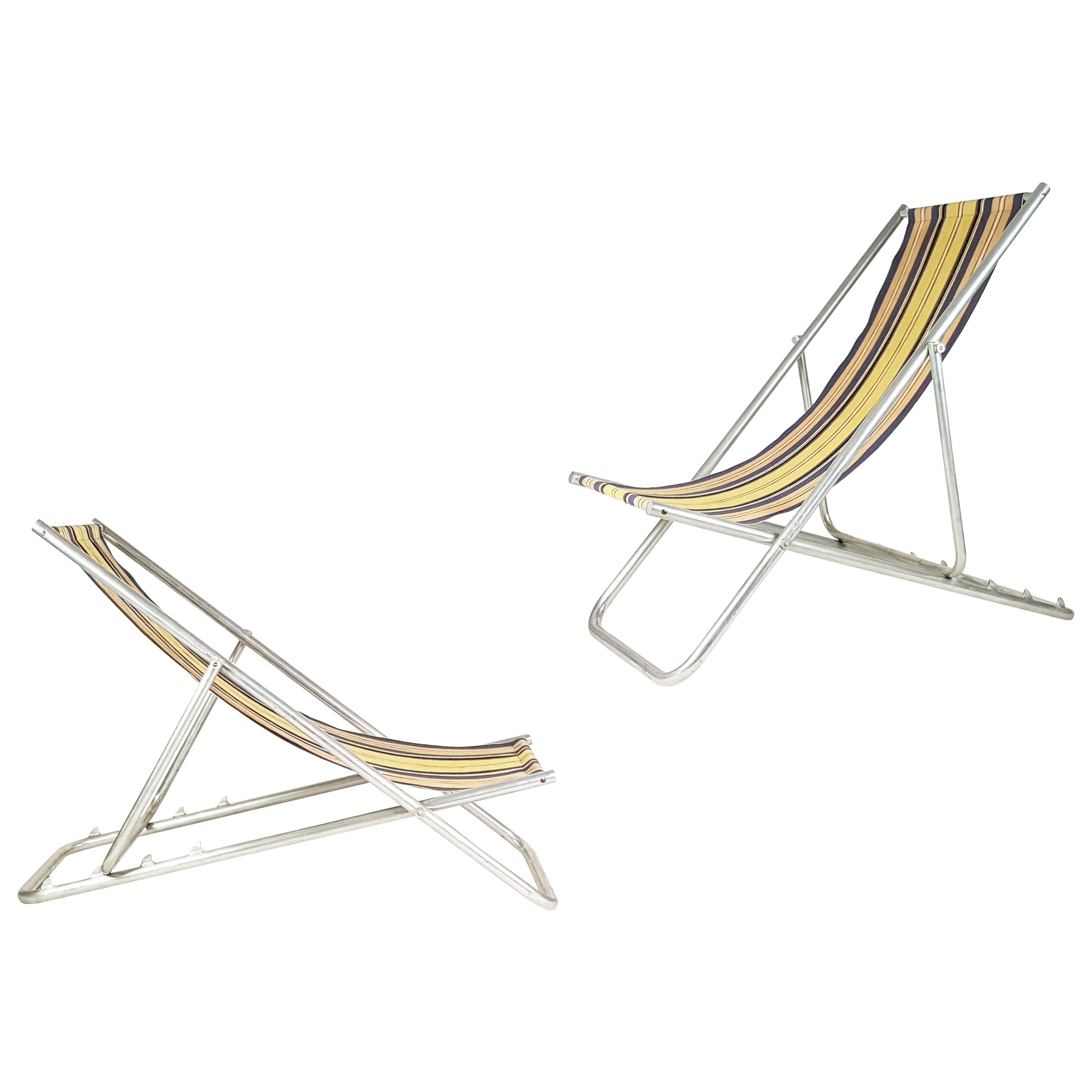 Italian Fabric and Aluminum Mid-Century Deckchairs with 4 Different Positions For Sale