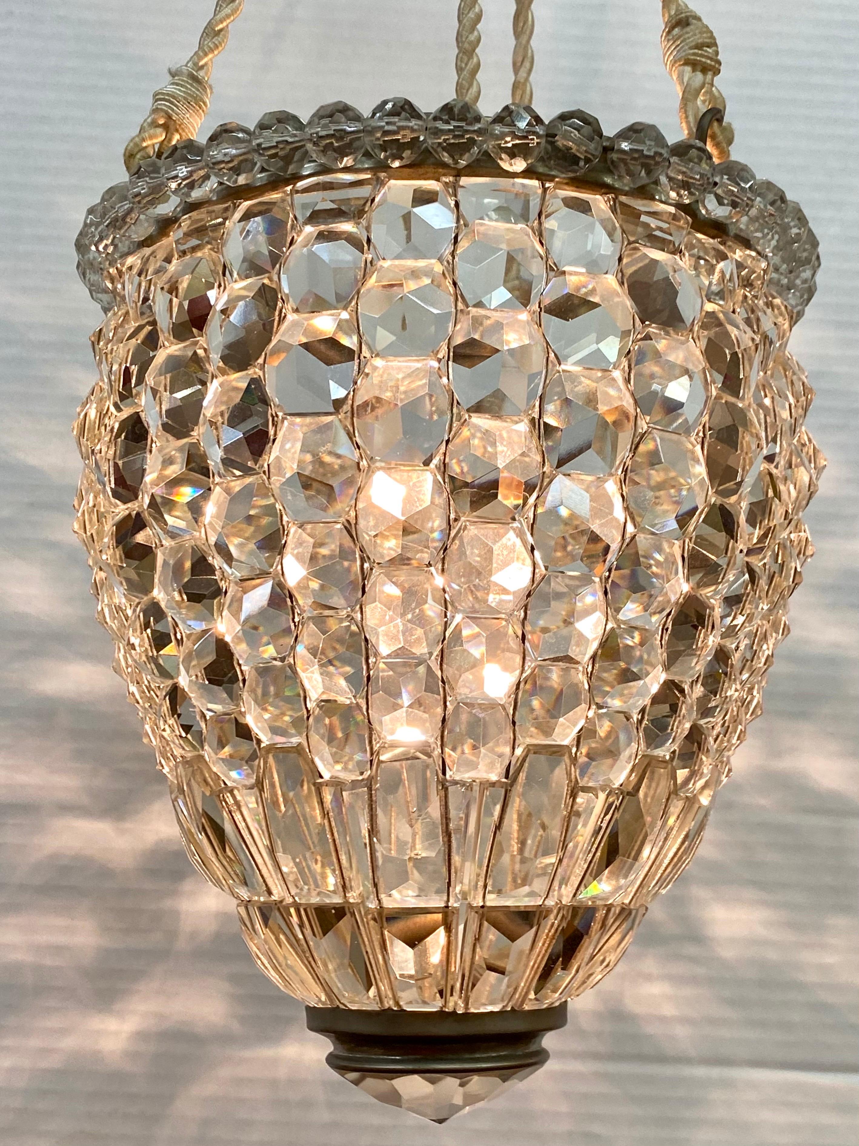 Hollywood Regency Italian Faceted Crystal Lantern Style Pendant Light