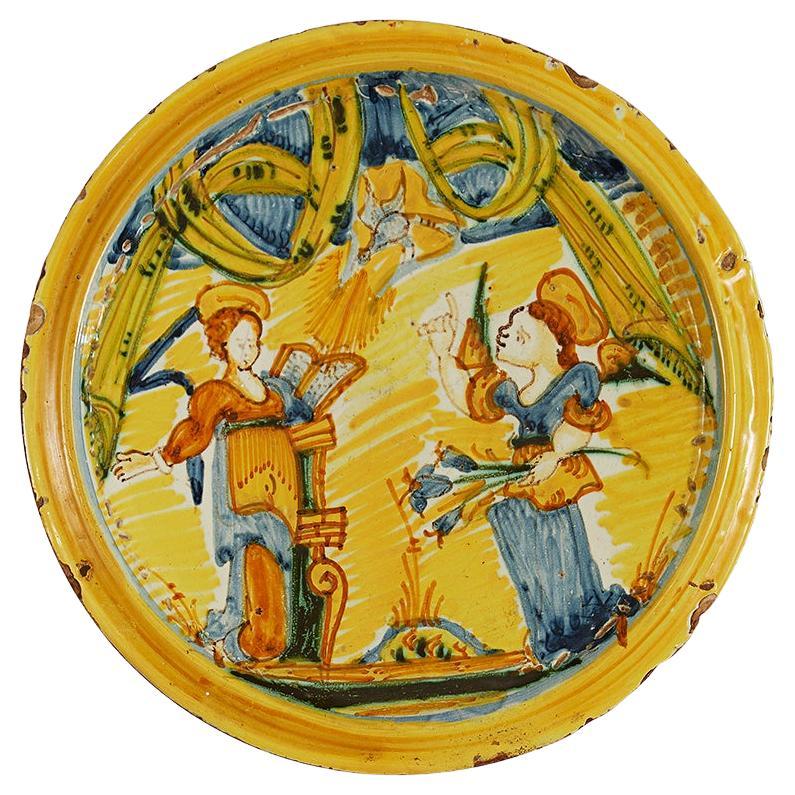 Italian Faience 18th Century Majolica Riser with Annunciation For Sale
