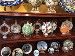 Italian Faience Bottles Two 19th Century Pilgrim Flasks Blue Decor Almost a Pair