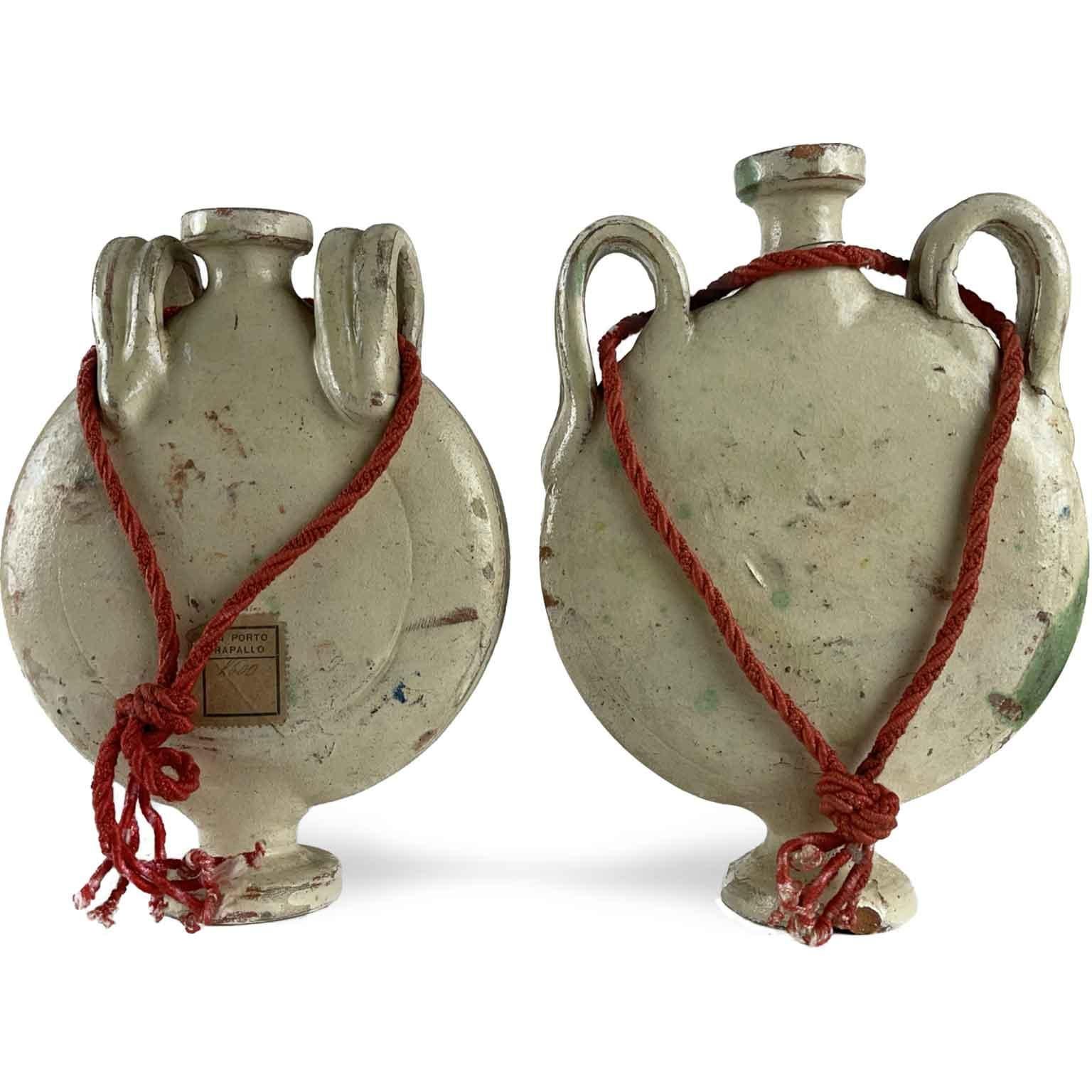 Hand-Crafted Italian Faience Bottles Two 19th Century Pilgrim Flasks Blue Decor Almost a Pair For Sale