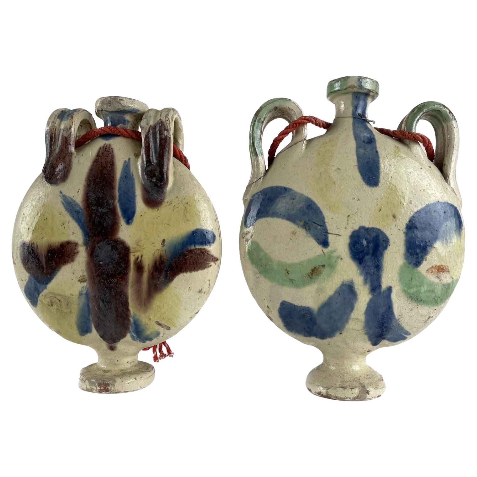 Italian Faience Bottles Two 19th Century Pilgrim Flasks Blue Decor Almost a Pair For Sale