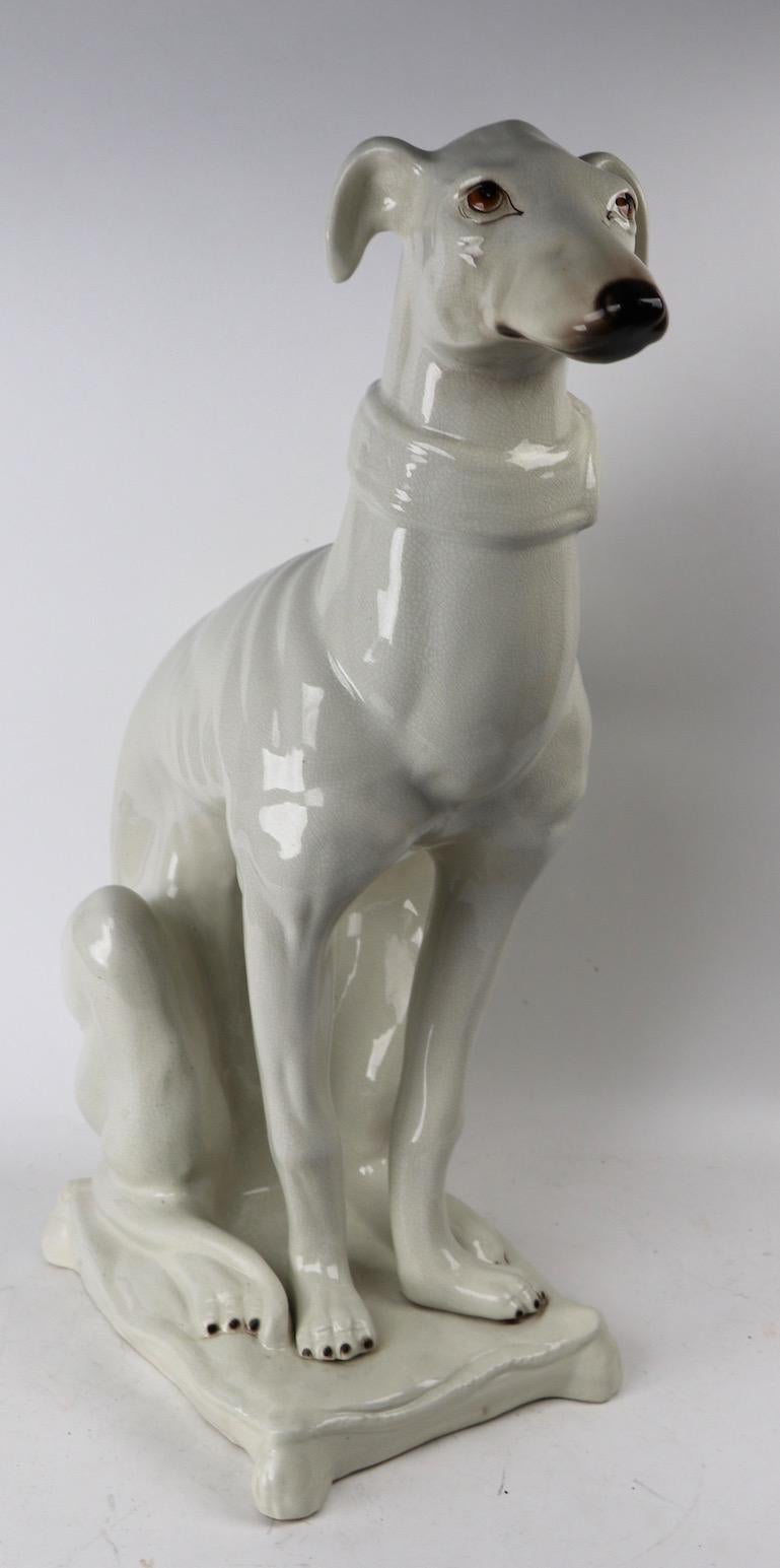 Italian Faience Ceramic Whippet Greyhound Statue In Excellent Condition In New York, NY